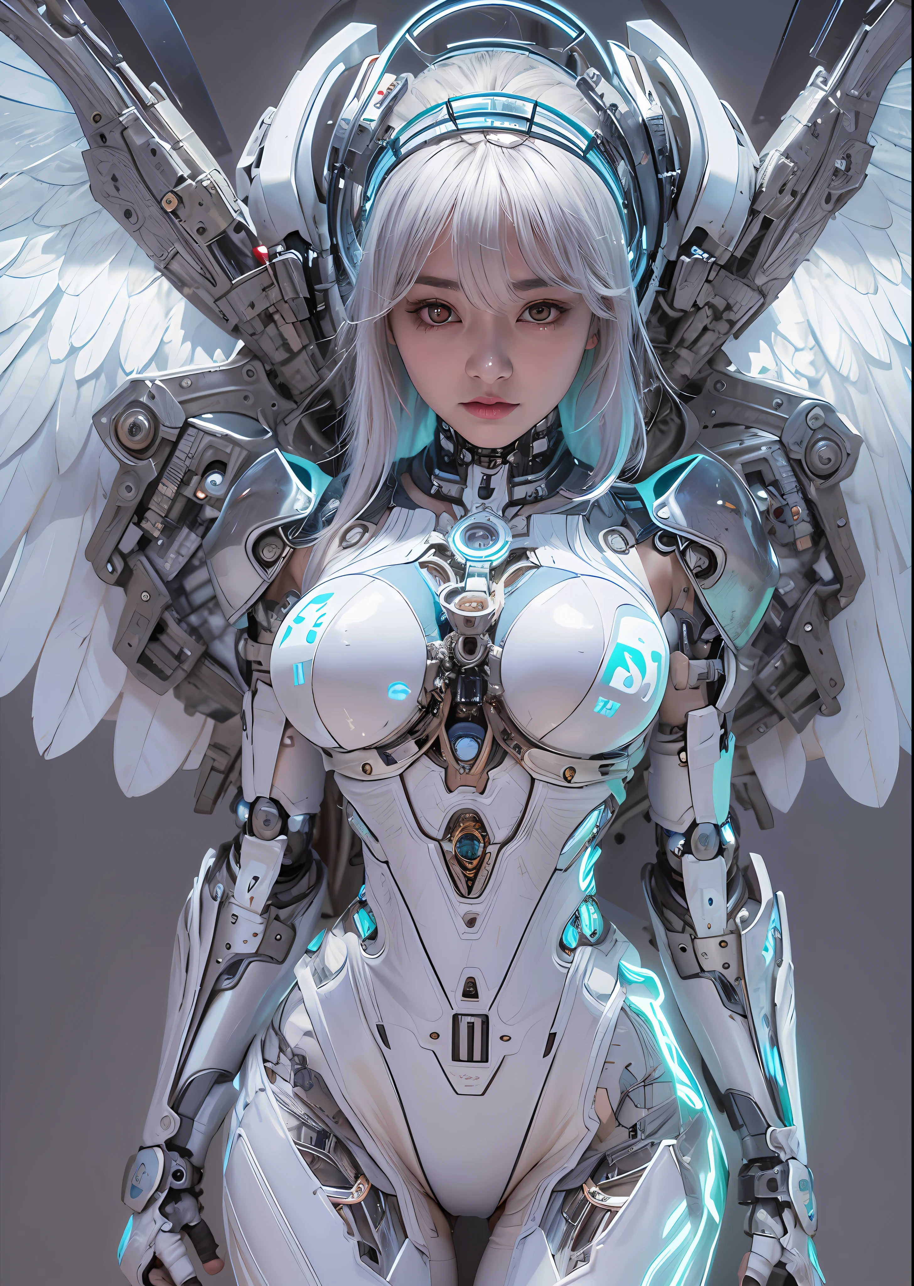top-quality、masterpiece、超A high resolution、(Photorealsitic:1.4)、Raw photo、Battle Cyborg Angel、large wings made of metal、White porcelain body、Acrylic Clear Cover、white hair、glowy skin、1 Cyborg Girl、((super realistic details))、portlate、globalillumination、Shadow、octan render、8K、ultrasharp、character edge light,Colossal tits、Raw skin is exposed in cleavage、Details of complex ornaments、Japan details、Hydraulic cylinder、Small LED lamp、highly intricate detail、Realistic light、a purple eye、radiant eyes、Facing the camera、neon details、cowboy shot、Futuristic headgear、About Cyberpunk、、