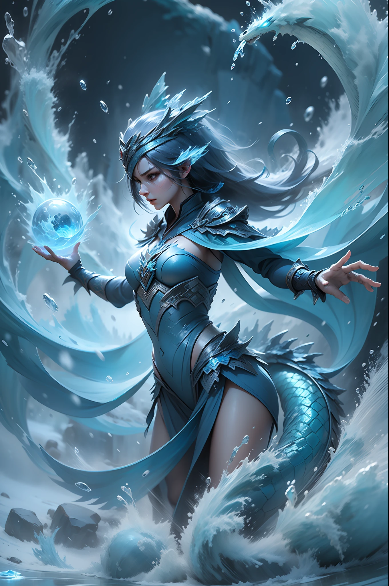 The Baby Magic Girl stands in front of a transparent blue water dragon，Combines the power of water and ice elements，Create a powerful ice and snow storm，Freeze surrounding enemies and deal extensive freezing damage。