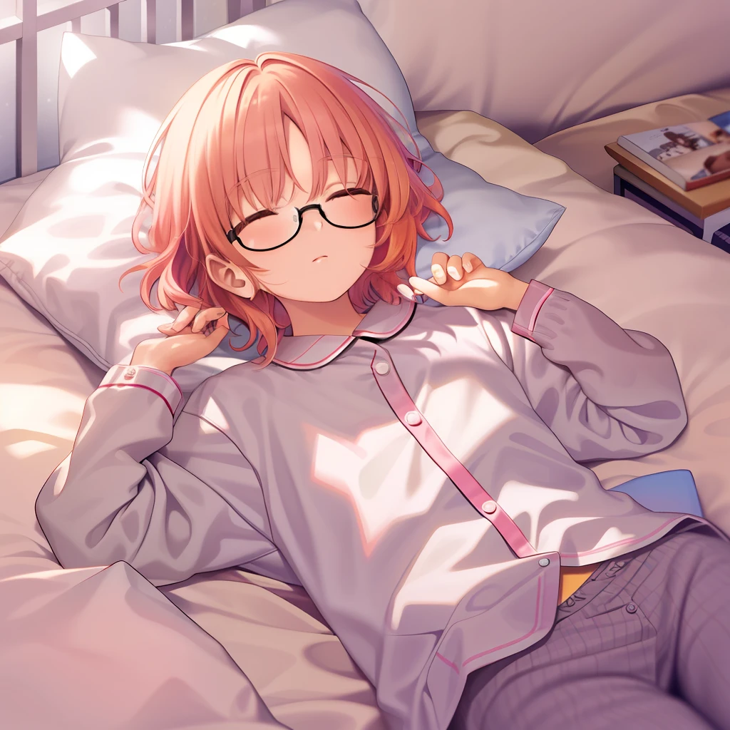 Best Quality, ​masterpiece, 1girl in, Solo, black-framed eyewear, pink orange hair, Brown eyes, Short bob hair, Flat_Chest, pajamas, laying down on the bed, Sleeping, Closed eyes, (Night:1.5),