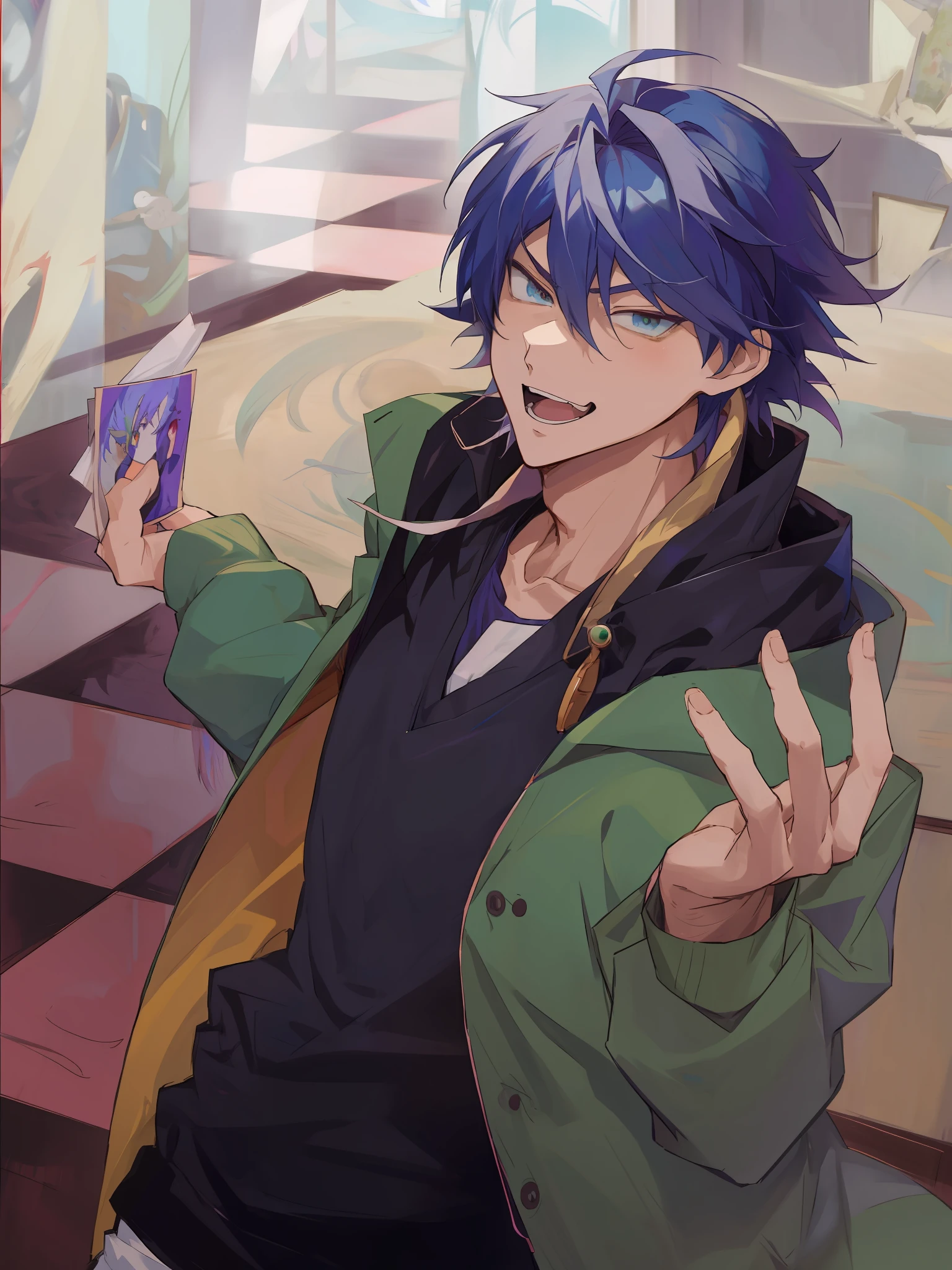 Anime - photo in the style of a man with blue hair and a green jacket, 2 d anime style, 2 D Anime, zerochan art, inspired by Masanobu Okumura, with index finger, zerochan, anime styled」, inspired by Yamagata Hiro, 2d art, Kazuto Okada。, 2 d art, otaku gangasta, Anime Boy