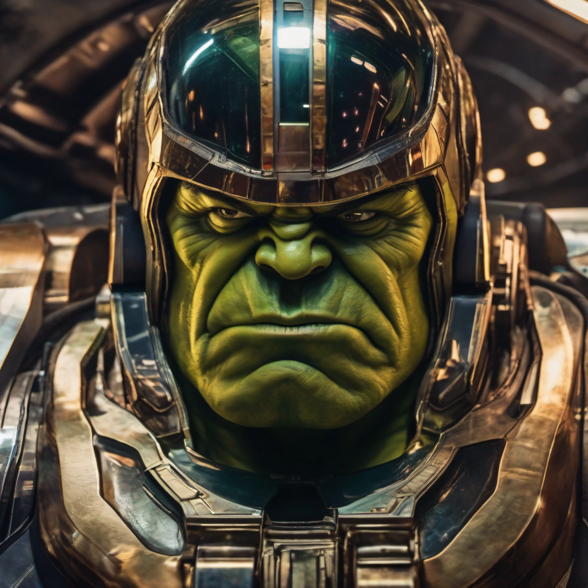 close up, reflection of  angry hulk face in the astronaut's helmet, Thanos ship background, complex cinematography, sharp focus