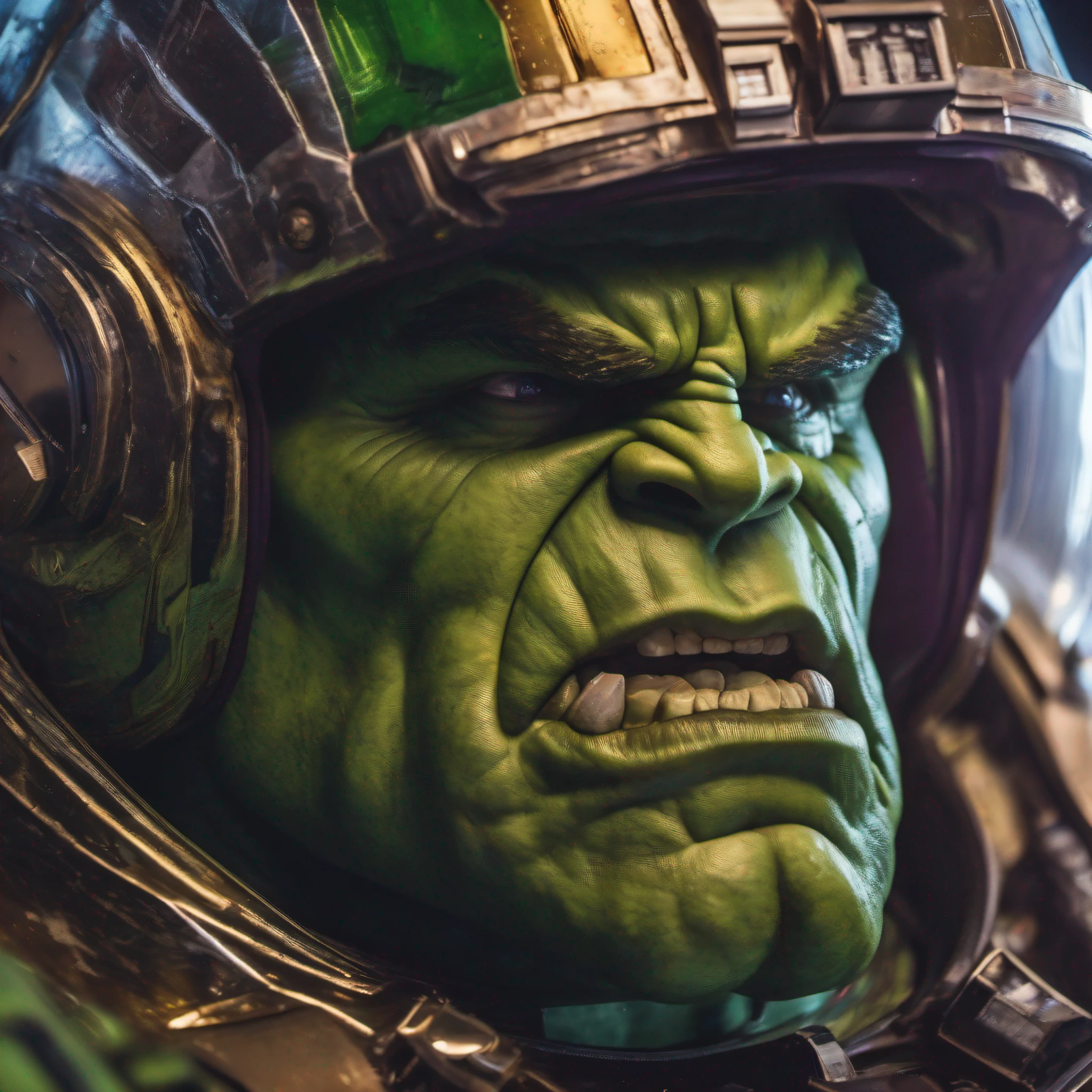 close up, reflection of angry hulk face in the astronaut's helmet, Thanos ship background, complex cinematography, sharp focus