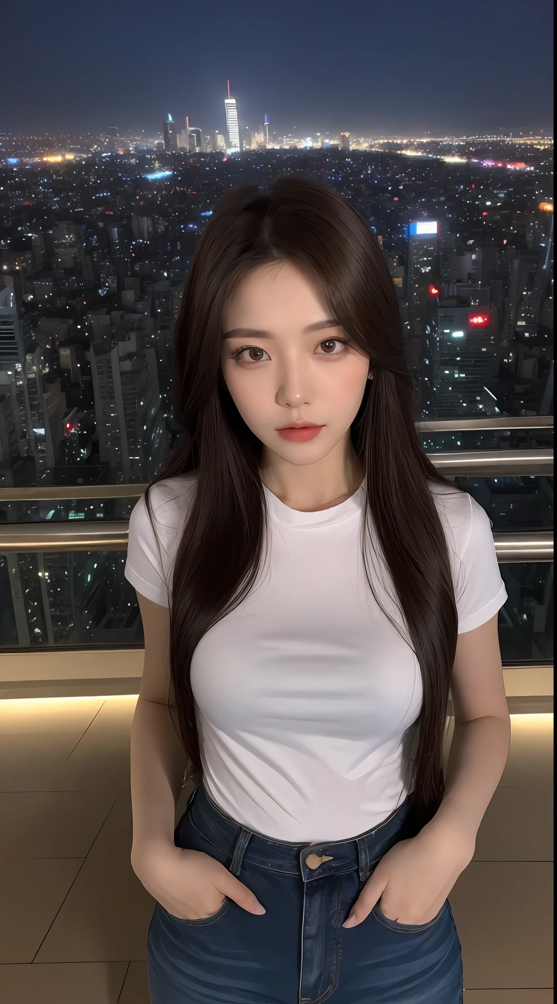 ((Midnight, Best quality, 8k, Masterpiece :1.3)), Whole body, Long legs, Sharp focus :1.2, A pretty woman with perfect figure :1.4, Slender abs :1.1, ((Dark brown hair, Big breasts :1.2)), (White tight tshirt, Jean bib, Standing:1.2), ((Night city view, Rooftop:1.3)), Highly detailed face and skin texture, Detailed eyes, Double eyelid