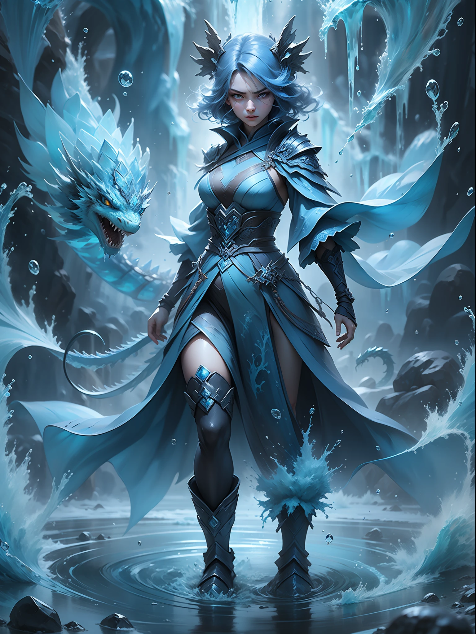 Q version 3--old l standing in front of a transparent blue water dragon,crystal-clear,Eau,water flowing,drippy,Combines the power of water and ice elements,Create powerful ice storms,Freeze surrounding enemies and deal extensive freeze damage。