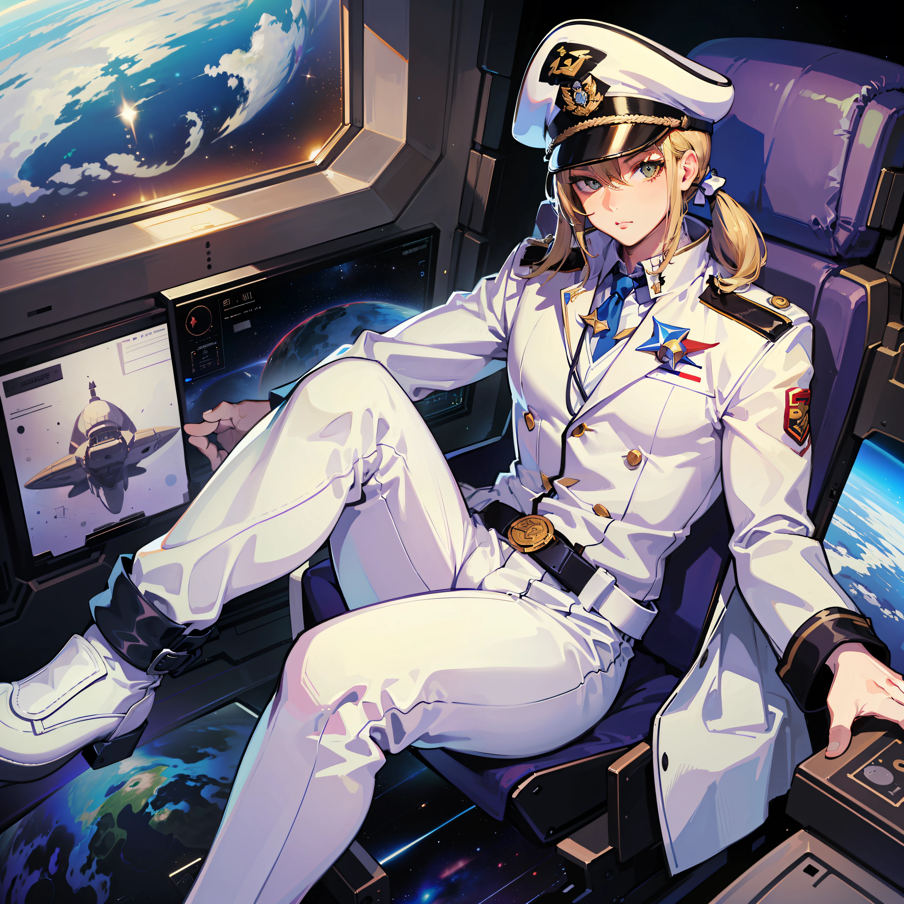 ((Masterpiece)), ((Highest Image Quality)), (((Best Quality)), (Illustration of One Girl), Full Body, 25 Years Old, (Neutral)), ((Blonde Twin Tails)), Light Golden Eyes, (Tall)), (Muscular Strong Body)), ((Muscular and Thick Body)), ((Muscular and Thick Arms)), ((Muscular and Thick Legs)), (Manspreading)), Open Legs, (((Army Uniform)), (Army Hat)), (((Army Coat)), (white clothes), (white pants), (white hat), trench coat, ((inside the spaceship, sitting in the captain's seat)), (outside the window, space, Earth seen from space, spaceport)
