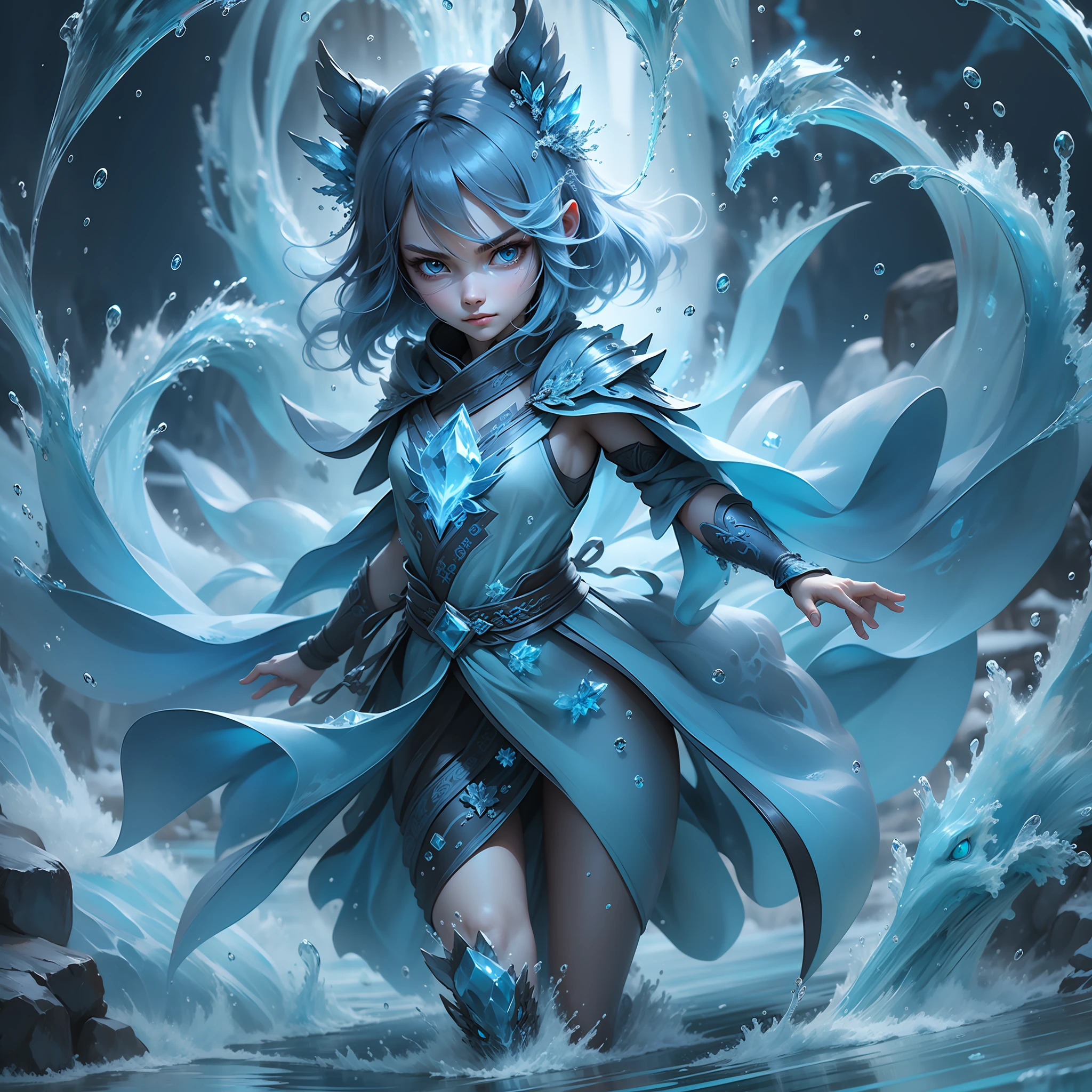 Q version *************** standing in front of a transparent blue water dragon，crystal-clear，Eau，water flowing，drippy，Combines the power of water and ice elements，Create powerful ice storms，Freeze surrounding enemies and deal extensive freeze damage。