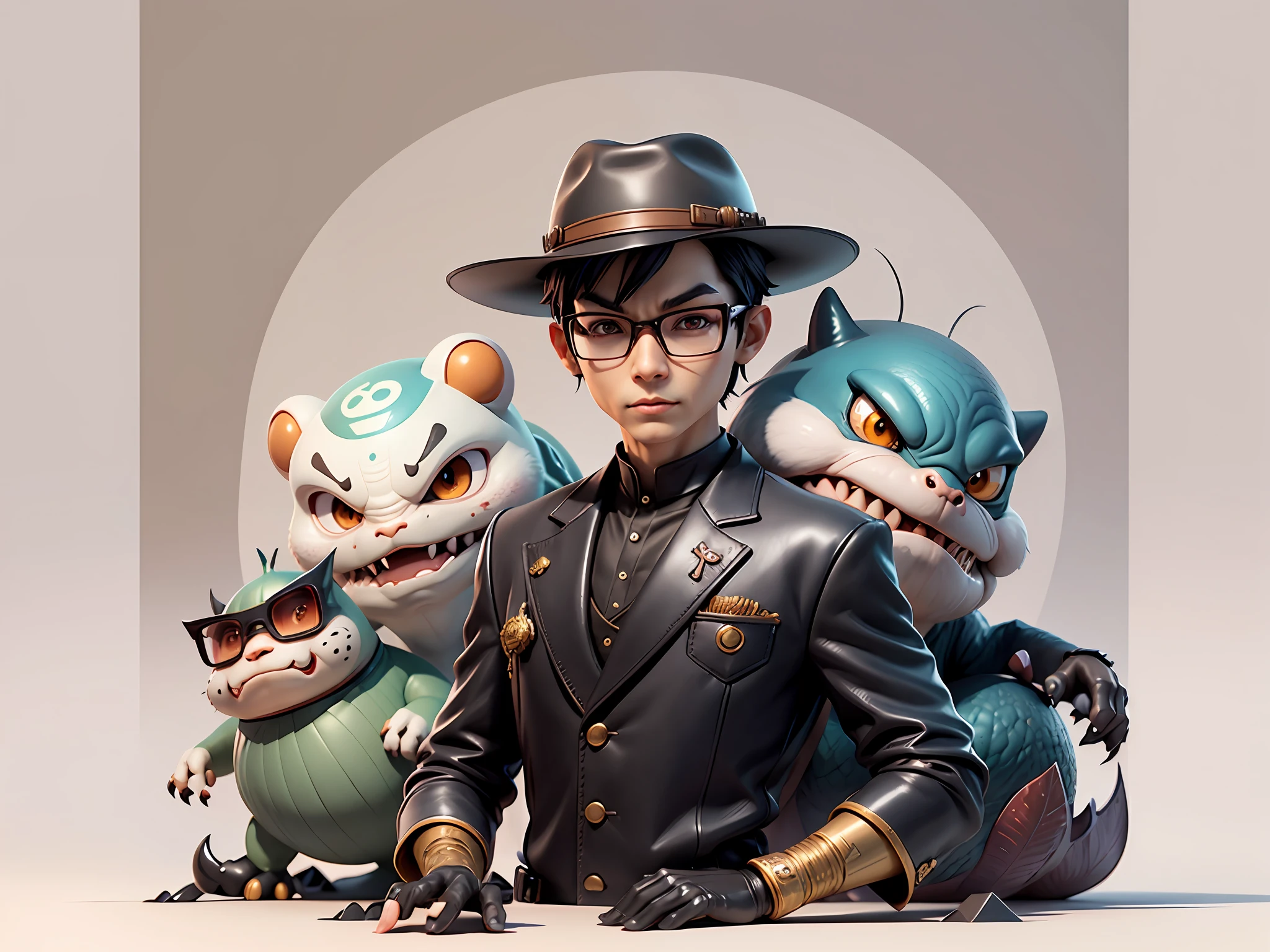 Young man with oriental face in leather hat, dragon, formal suit, short black hair, silver glasses, digital painting, 3D character design by Mark Clairedon and Pixar and Hayao Miyazaki and Akira Toriyama, the illustration is a high-definition illustration in 4K resolution with very detailed facial features and cartoon-style visuals.