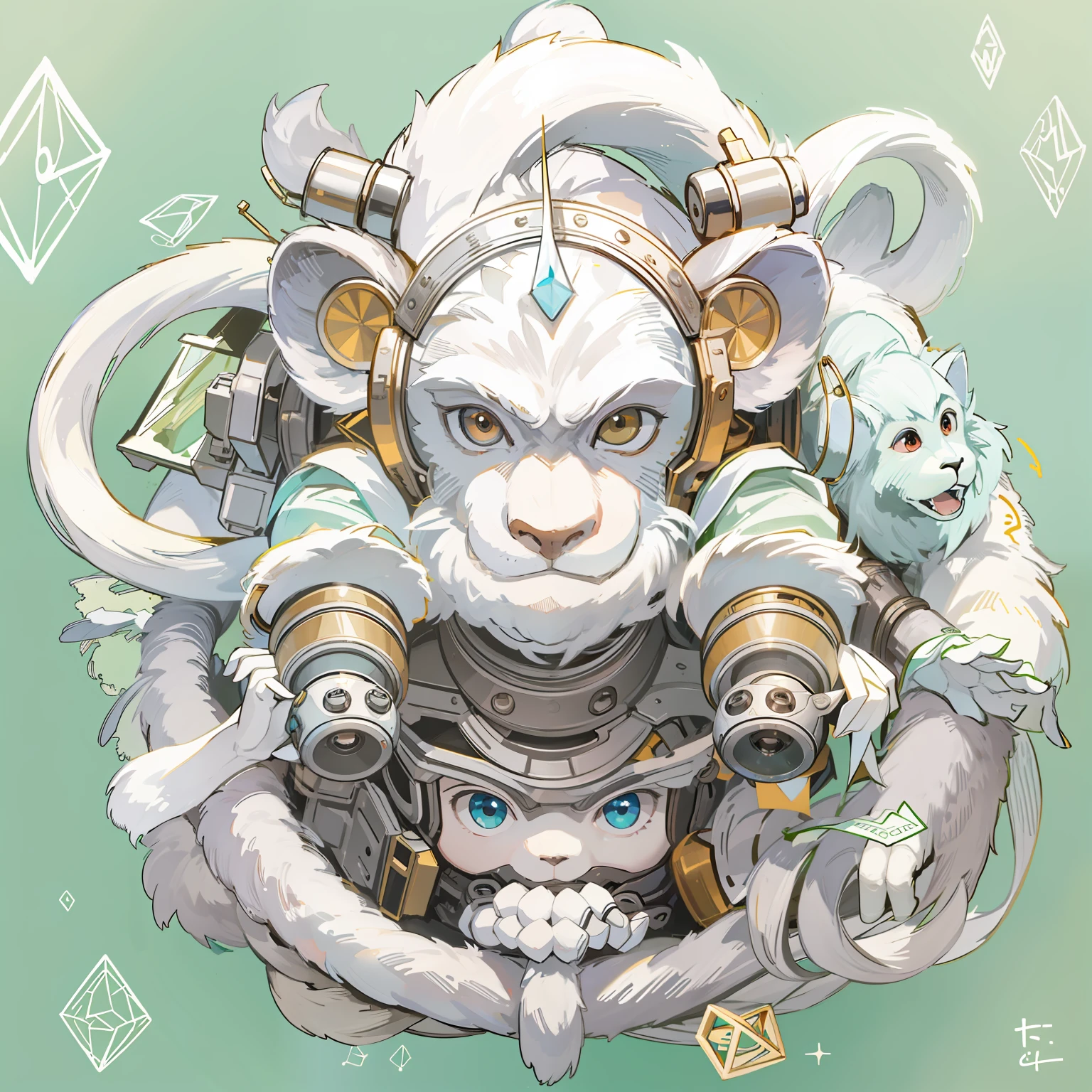 Q version,quadratic element,Mighty mechanical white monkey,Background with:white colors,best qualtiy