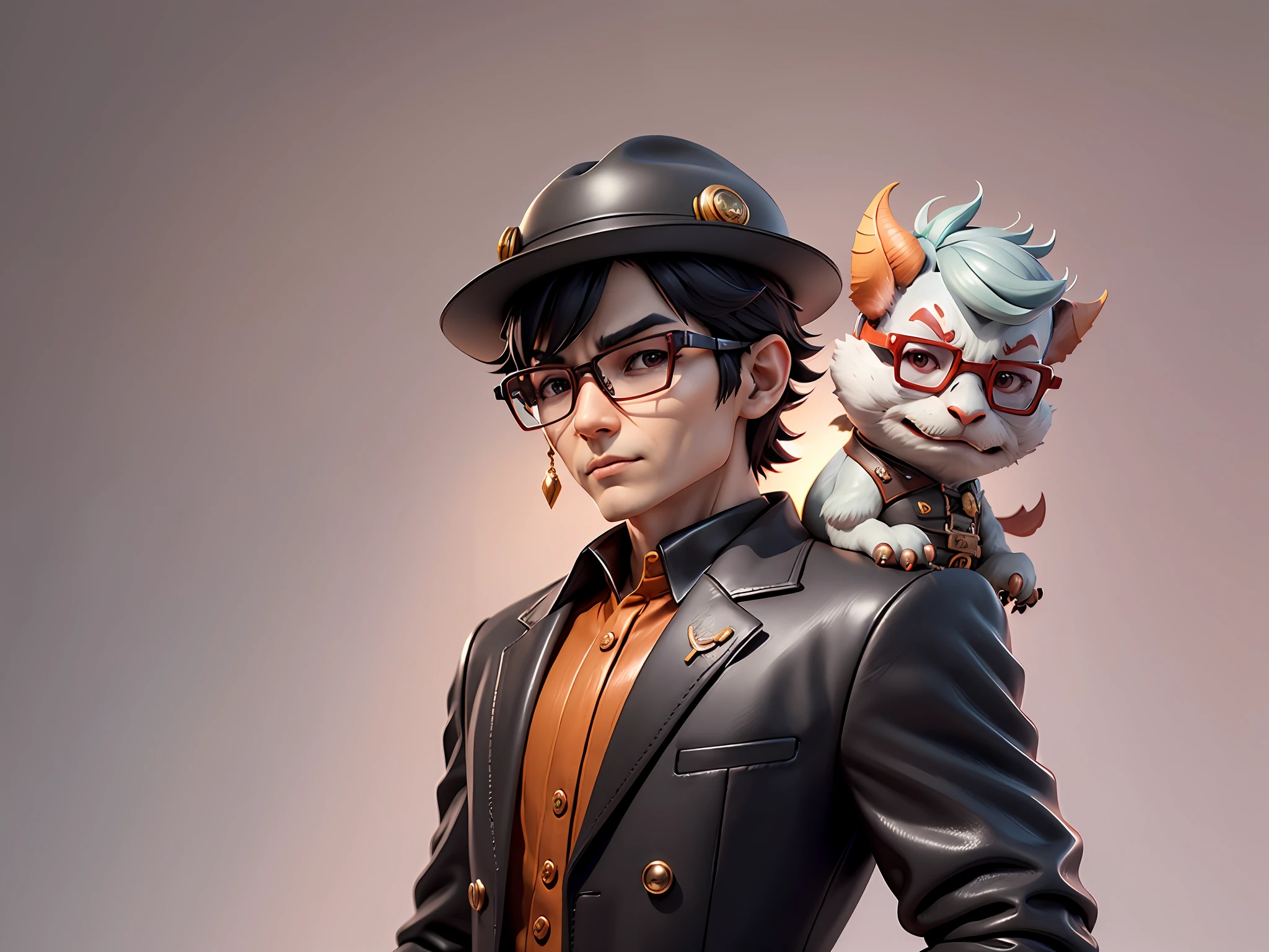 Young man with oriental face in leather hat, dragon, formal suit, short black hair, silver glasses, digital painting, 3D character design by Mark Clairedon and Pixar and Hayao Miyazaki and Akira Toriyama, the illustration is a high-definition illustration in 4K resolution with very detailed facial features and cartoon-style visuals.