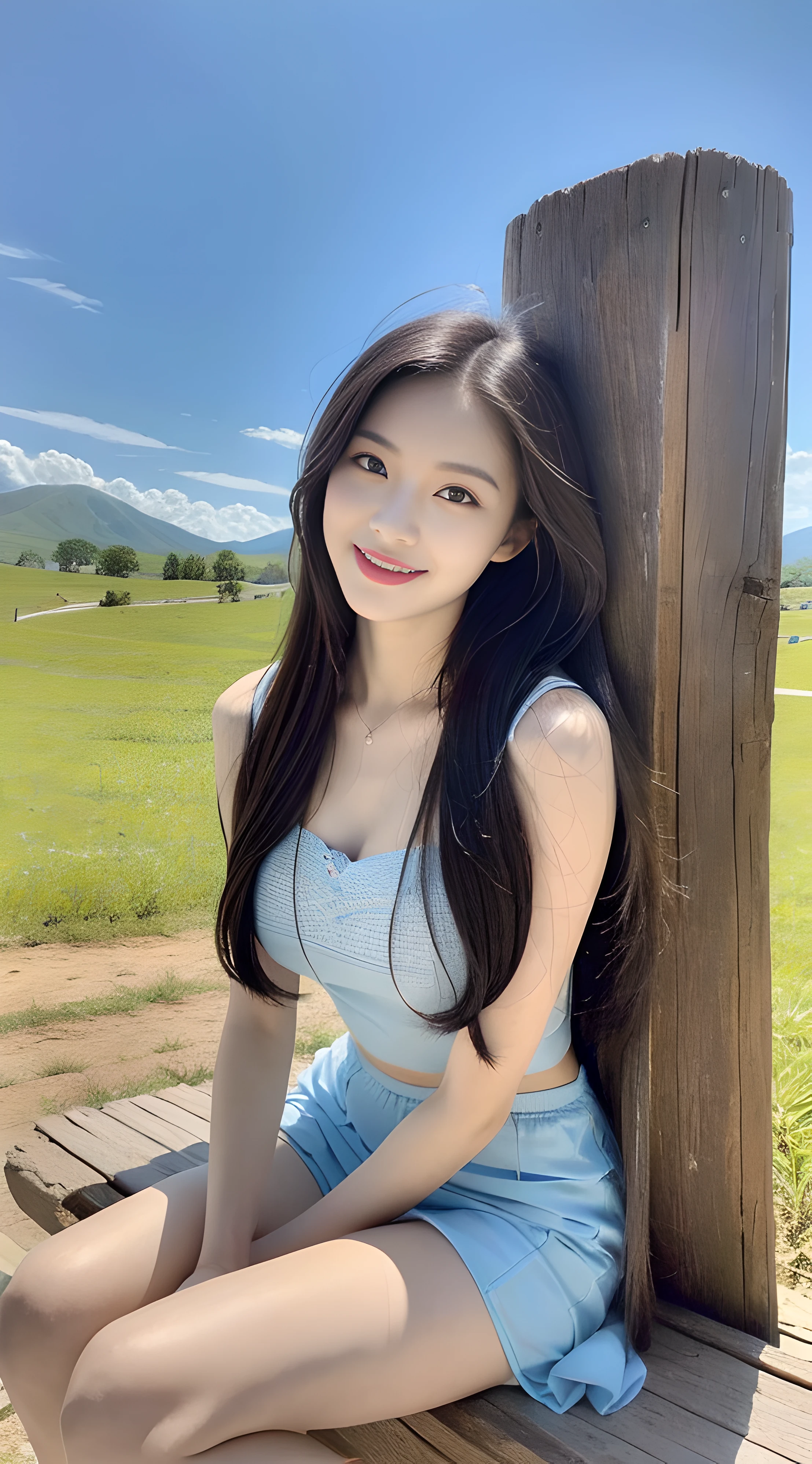 (1 Nice and cute girl), fully body photo,Extremely beautiful and delicate,Black color hair,A sweet smile,Delicate and beautiful fair skin,Realistic and realistic,(exquisite and complete facial features,Detailed depiction of the face),tall nose bridge,Smooth hair,extremely detail hair,Feminine temperament,,Fill your face light,Thin,Realiy,Hyper-realism,full body shot shot,Forward tilt angle,Extreme picture quality,Highest precision,Precise and perfect human anatomy。with blue sky and white clouds,Sitting on the Steppe,rays of sunshine,cattle and sheep,(White chiffon skirt) are clearly visible,((telephoto shot,))Express the landscape,Highlight portrait。