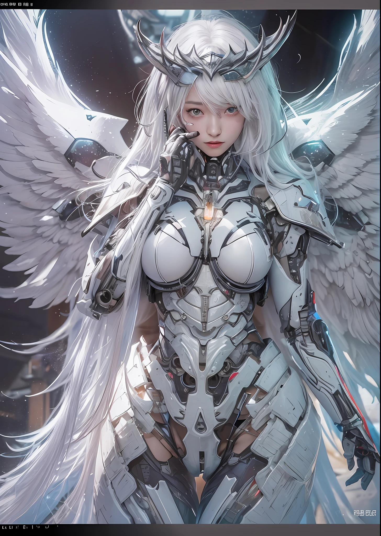 top-quality、​masterpiece、超A high resolution、(Photorealsitic:1.4)、Raw photo、Battle Cyborg Angel、large wings made of metal、White porcelain body、Acrylic Clear Cover、white  hair、glowy skin、1 Cyborg Girl、((super realistic details))、portlate、globalillumination、Shadow、octan render、8K、ultrasharp、character edge light,Colossal tits、Raw skin is exposed in cleavage、Details of complex ornaments、Japan details、Hydraulic cylinder、Small LED lamp、highly intricate detail、Realistic light、a purple eye、radiant eyes、Facing the camera、neon details、cowboy  shot、Futuristic headgear、About Cyberpunk、、