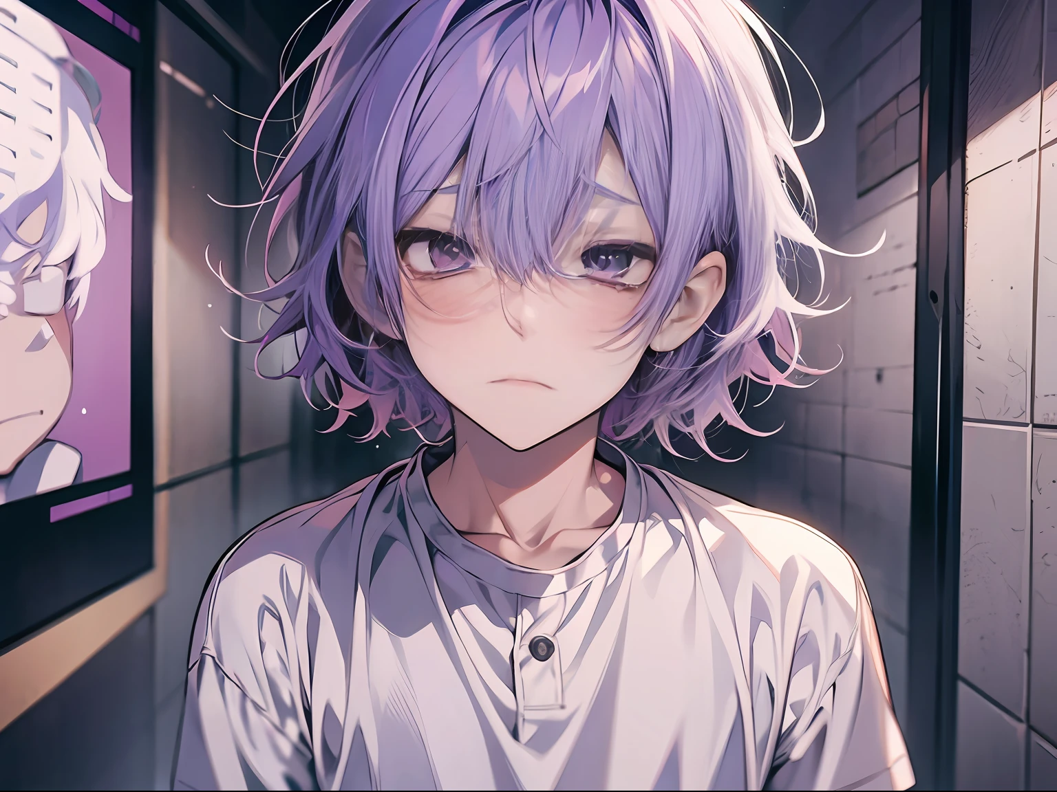 (anime styled+soft cute)male child、Purple hair、white  shirt、saddened+weeping、