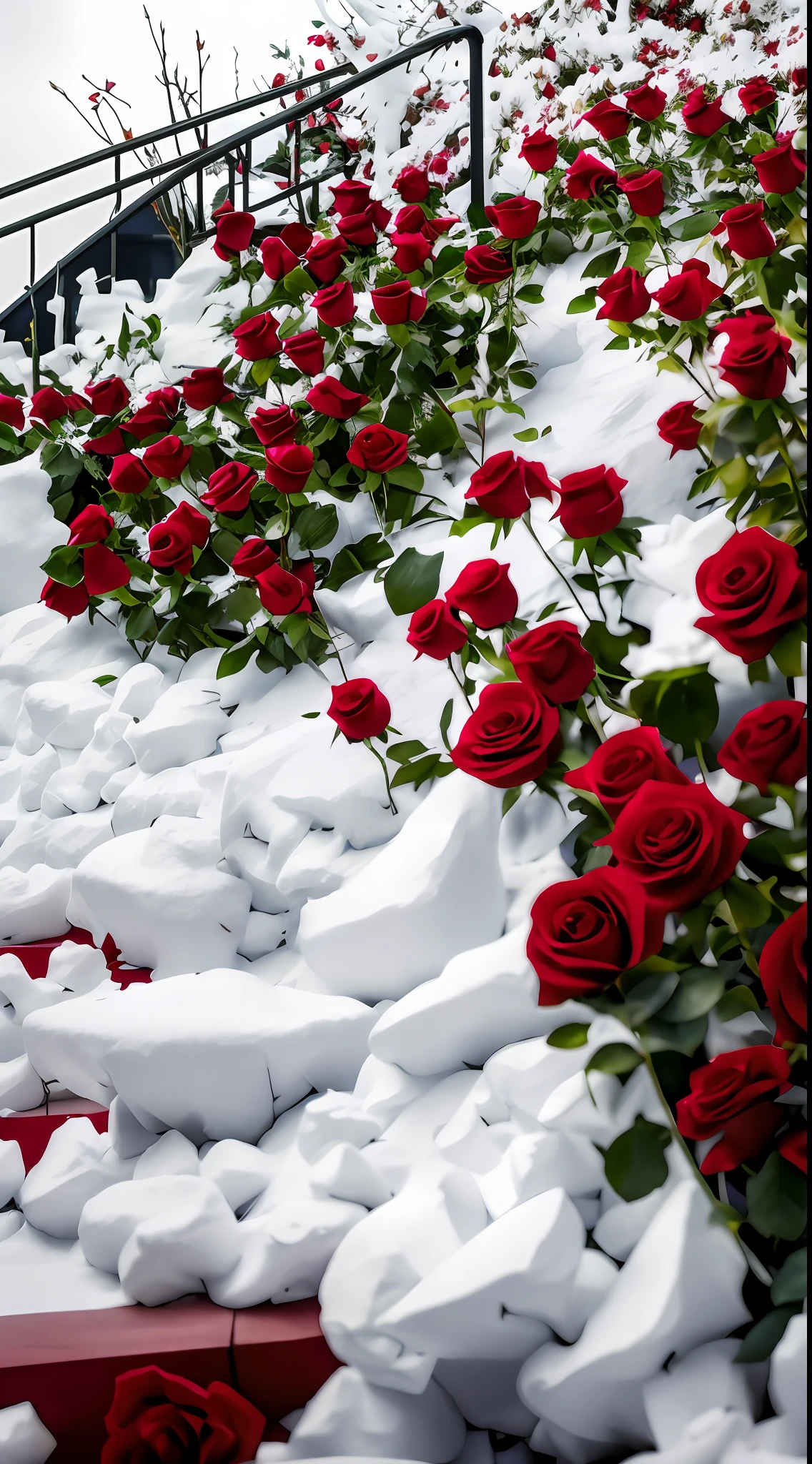 Many red roses grow on the steps of the snow-capped mountains, red roses at the top, roses in cinematic light, with frozen flowers around her, Rose garden, Large rose petals, rosses, rosette, Many origami roses, white and red roses, decorative roses, Large rose petals, portal made of roses, Many cherry blossom origami roses, anna nikonova