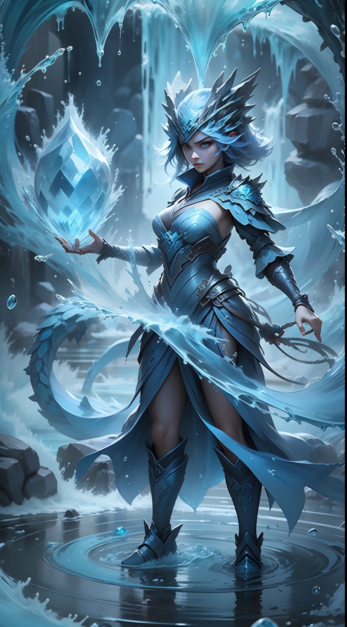 Q version *************** standing in front of a transparent blue water dragon，crystal-clear，Eau，water flowing，drippy，Combines the power of water and ice elements，Create powerful ice storms，Freeze surrounding enemies and deal extensive freeze damage。