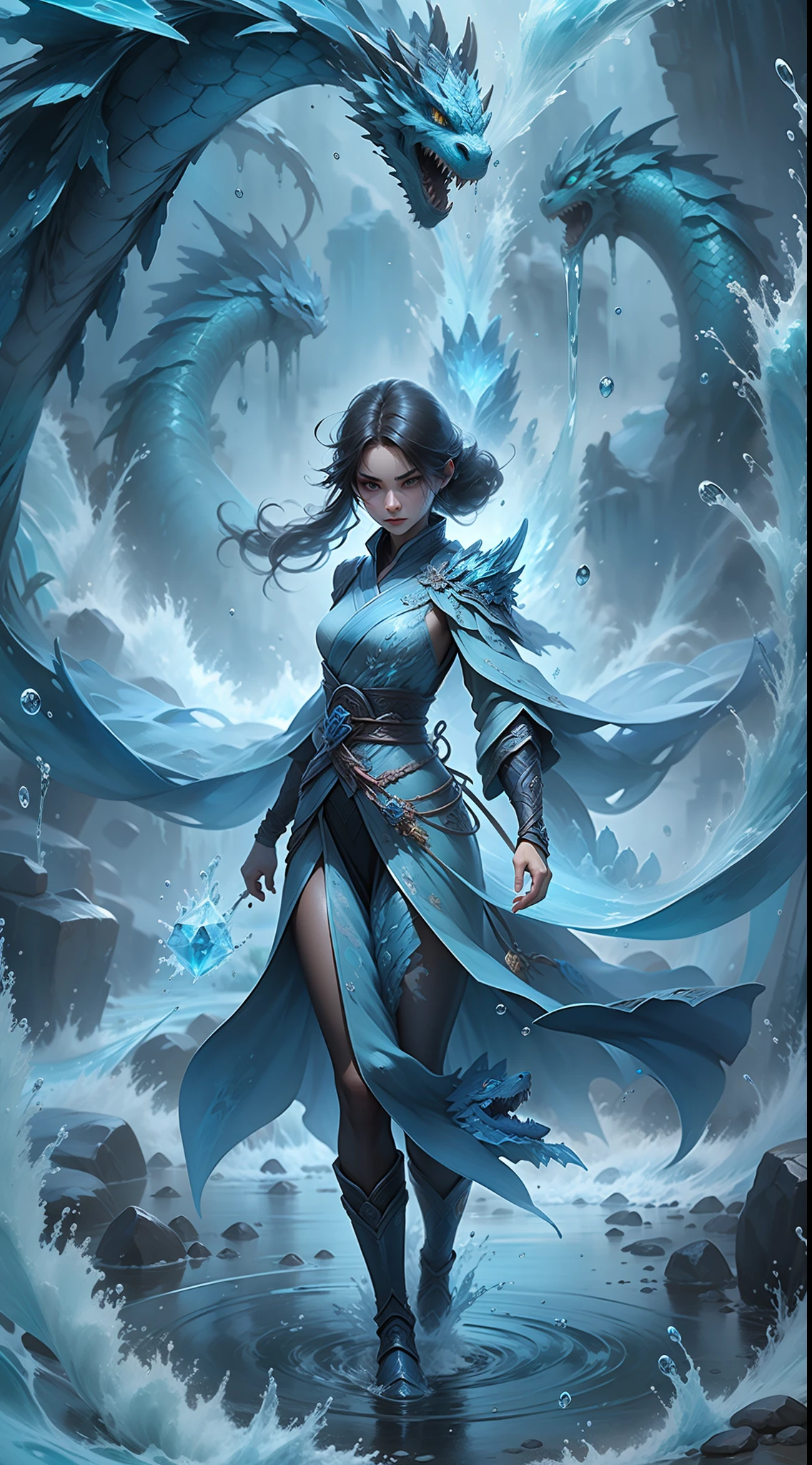 Q version *************** standing in front of a transparent blue water dragon，crystal-clear，Eau，water flowing，drippy，Combines the power of water and ice elements，Create powerful ice storms，Freeze surrounding enemies and deal extensive freeze damage。