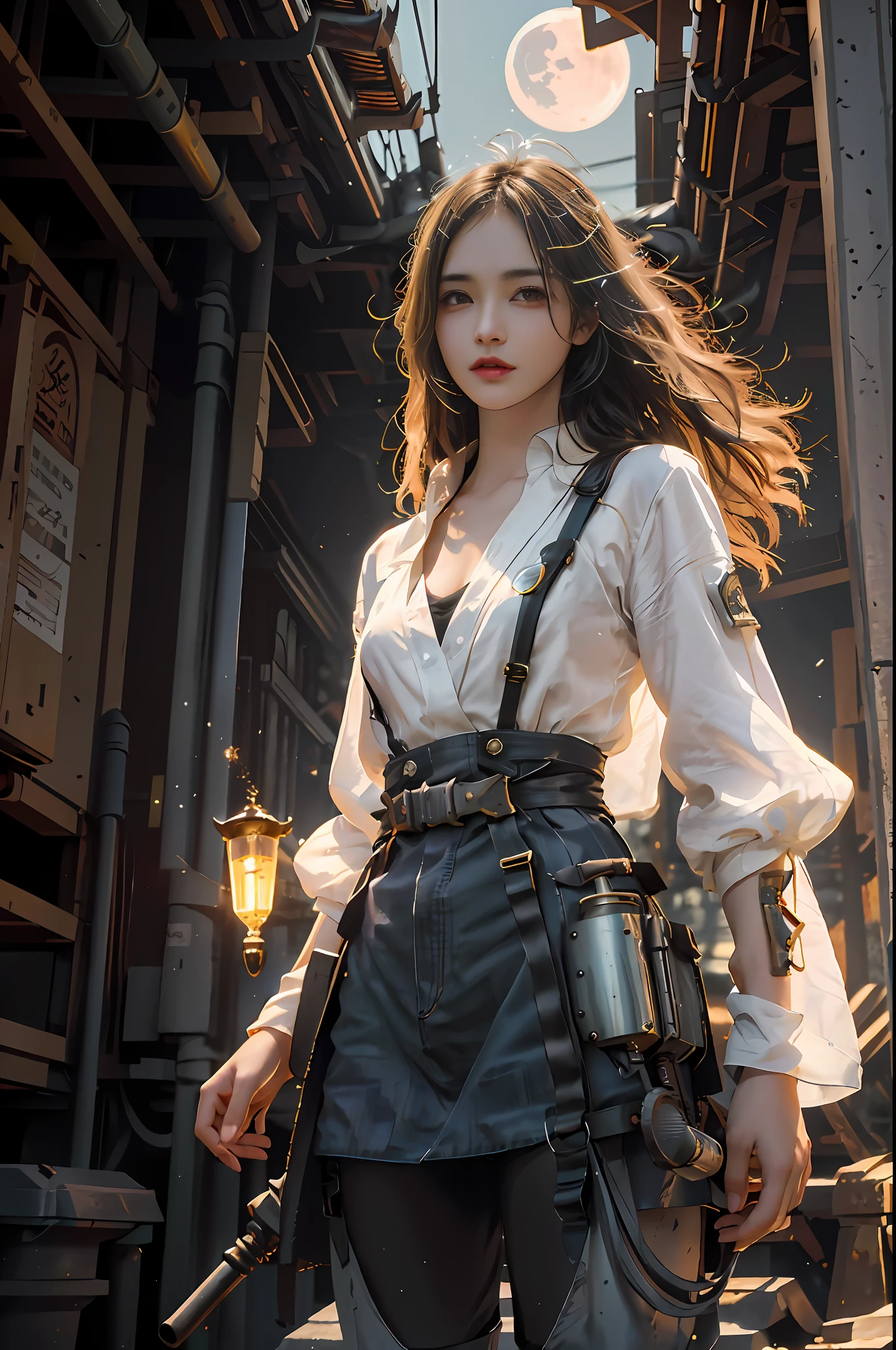 There was a woman in a white shirt and a black skirt with a gun, by Yang J, Guviz-style artwork, Inspired by Fenghua Zhong, By Zeng Jing, Beautiful digital artwork, steampunk beautiful anime woman, Stunning character art, author:Zhang Han, author:Fan Qi, style of wlop, author:Yang Jin