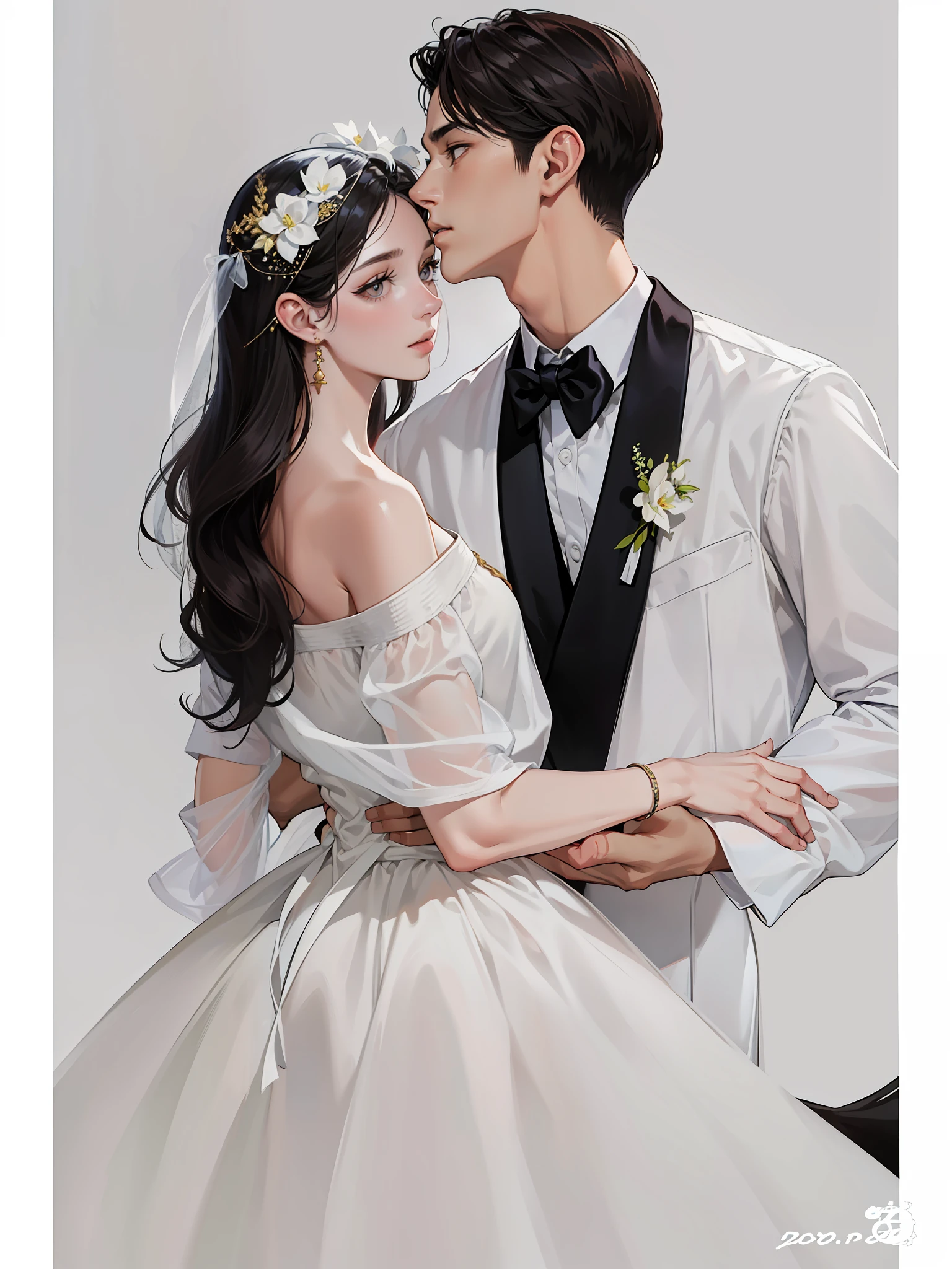Shown is a man and a woman, with height difference, handsome, 20 years old, white shirt, black pants, back head, handsome, high appearance, high nose bridge, big eyes, double eyelids, mixed race, tall, black hair, brown eyes, symmetrical eyes, looking at the girl,, a woman wearing a beautiful skirt, long black hair, symmetrical eyes, big eyes, black eyes, there is a height difference
