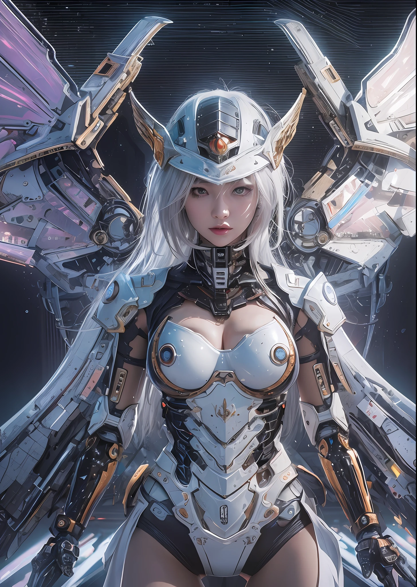 top-quality、masterpiece、超A high resolution、(Photorealsitic:1.4)、Raw photo、Battle Cyborg Angel、large wings made of metal、White porcelain body、Acrylic Clear Cover、white hair、glowy skin、1 Cyborg Girl、((super realistic details))、portlate、globalillumination、Shadow、octan render、8K、ultrasharp、character edge light,Colossal tits、Raw skin is exposed in cleavage、Details of complex ornaments、Japan details、Hydraulic cylinder、Small LED lamp、highly intricate detail、Realistic light、a purple eye、radiant eyes、Facing the camera、neon details、cowboy shot、Futuristic headgear、About Cyberpunk、、
