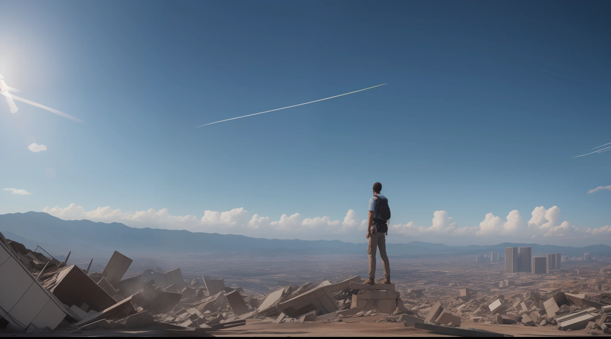 Anjo com asas grande, Looking Up The Sky, em cima de uma pedra, Below a destroyed city, realista, ultra hd, 8k, imagem sem cor, um vale de ossos secos