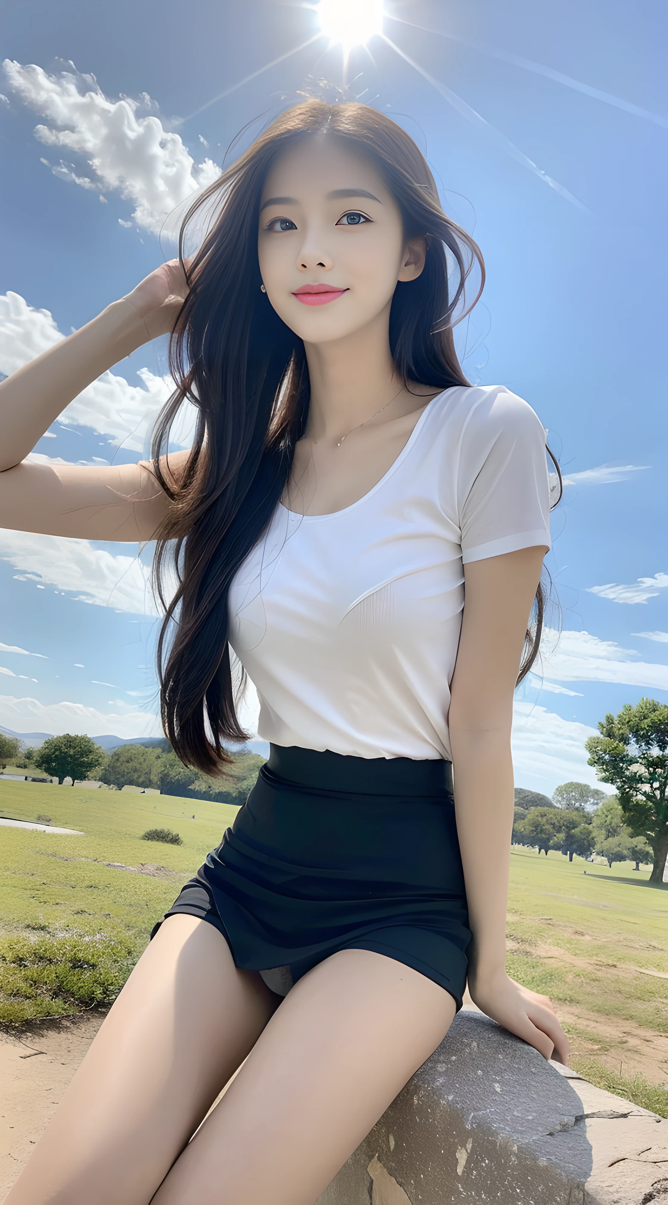 (1 Nice and cute girl), fully body photo，Extremely beautiful and delicate，Black color hair，A sweet smile，Delicate and beautiful fair skin，Realistic and realistic，（exquisite and complete facial features，Detailed depiction of the face），tall nose bridge，Smooth hair，extremely detail hair，Feminine temperament，，Fill your face light，Thin，Realiy，Hyper-realism，full body shot shot，Forward tilt angle，Extreme picture quality,Highest precision,Precise and perfect human anatomy。with blue sky and white clouds，Sitting on the Steppe，rays of sunshine，cattle and sheep，（White chiffon skirt)Panties are clearly visible，（（telephoto shot，））Express the landscape，Highlight portrait。