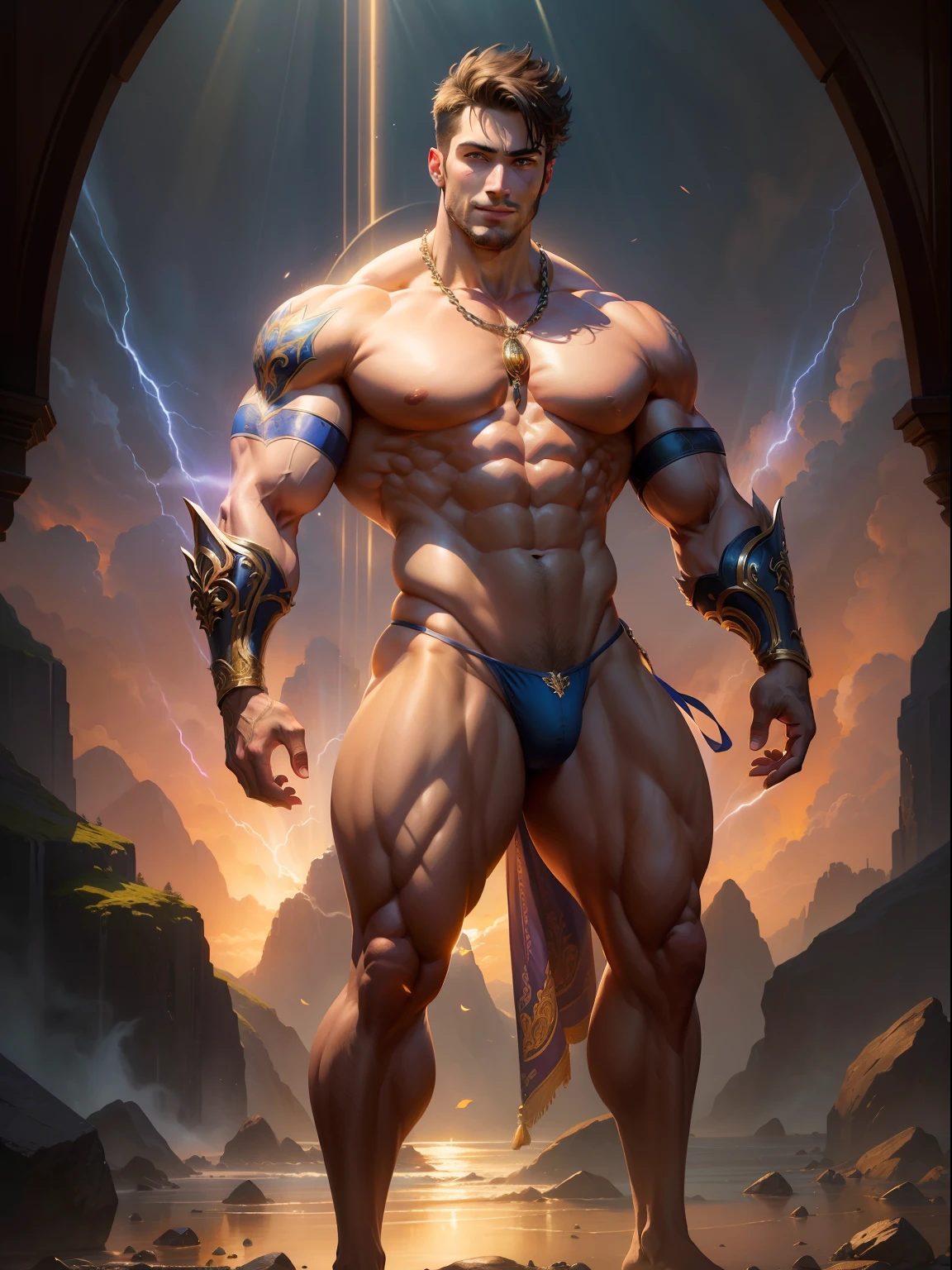 male focus, front view, (((whole body))) (((full body))), (( shoulders head)), ((muscular)), bodybuilder, ((large pectorals)), (short hair), large , masculine, fantasy, realistic face, realistic eyes, (detailed facial features), wearing a (()) with a (large bulge), dramatic pose, (smile), looking at viewer, sunlit field setting, highly detailed, artstation, volumetric light, light rays, vibrant colors, by josephine wall, by Edwin Deakin