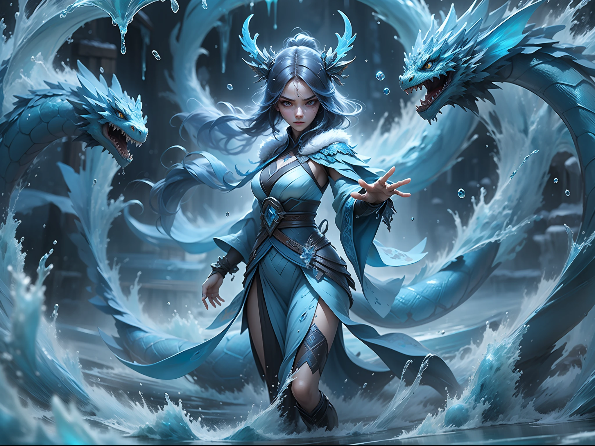 Q version 3-year-old girl standing in front of a transparent blue water dragon，crystal-clear，Eau，water flowing，drippy，Combines the power of water and ice elements，Create powerful ice storms，Freeze surrounding enemies and deal extensive freeze damage。