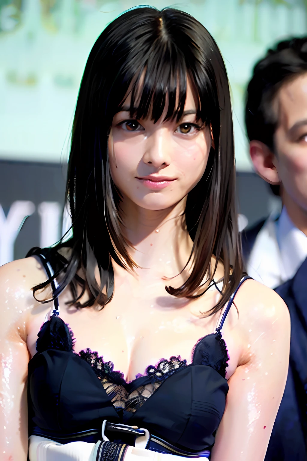 top-quality、masterpiece、超A high resolution、(Photorealsitic:1.4)、Raw photo、女の子1人、Dark hair、glowy skin、Wet body、Dramatic Writing、full body Esbian、female dog、maikurobikini、爆乳、Idol、Smiling、Onepiece、From the clavicle up