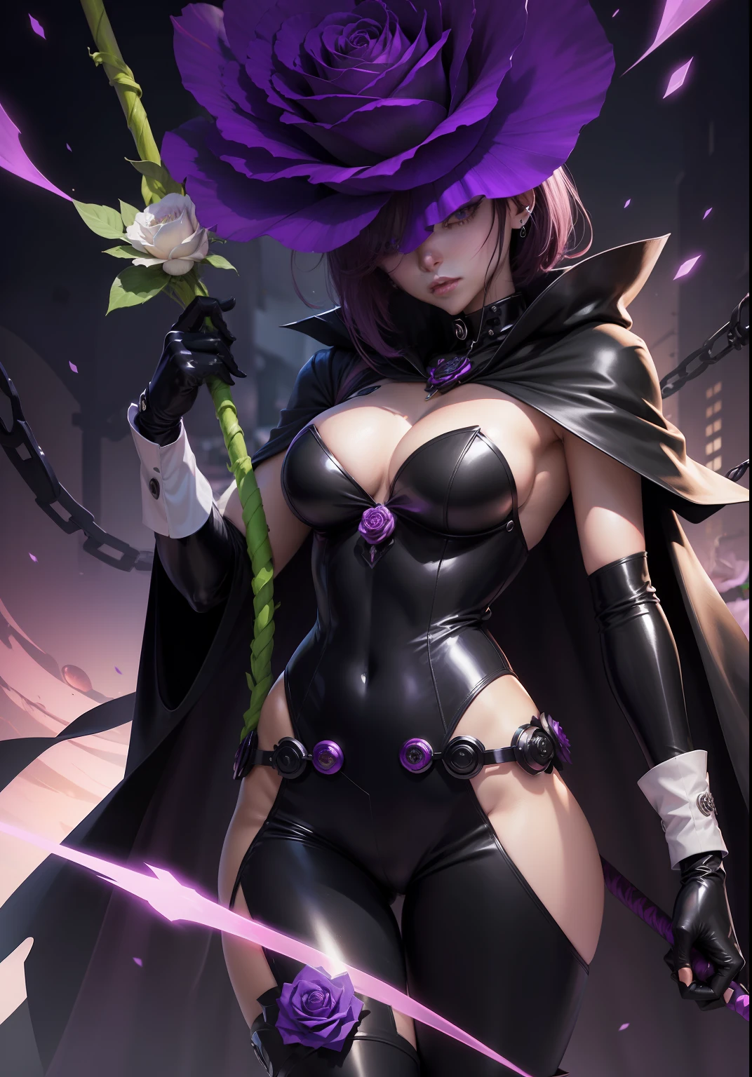 (masutepiece, Best Quality;1.3), ultra-detailliert, Rosemont, Digimon, The head is a rose flower. Cover his eyes. Black rose flowers. Female mouth. Black rubber suit. Breast exposure. Gloves and boots. Purple gemstones around her neck. Black cloak.holding a green whip with spines in his hand,,,