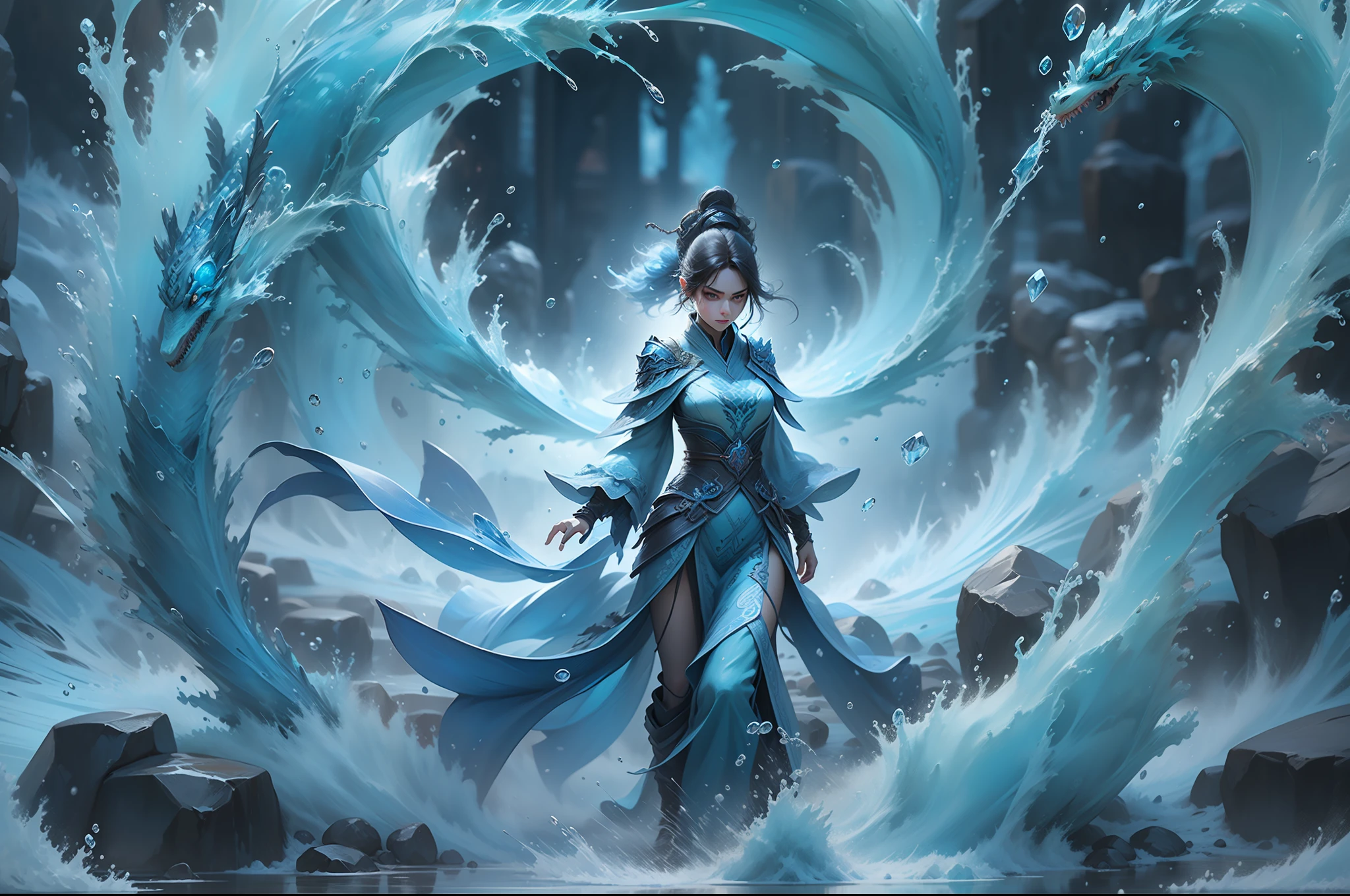 Q version *************** standing in front of a transparent blue water dragon，crystal-clear，Eau，water flowing，drippy，Combines the power of water and ice elements，Create powerful ice storms，Freeze surrounding enemies and deal extensive freeze damage。