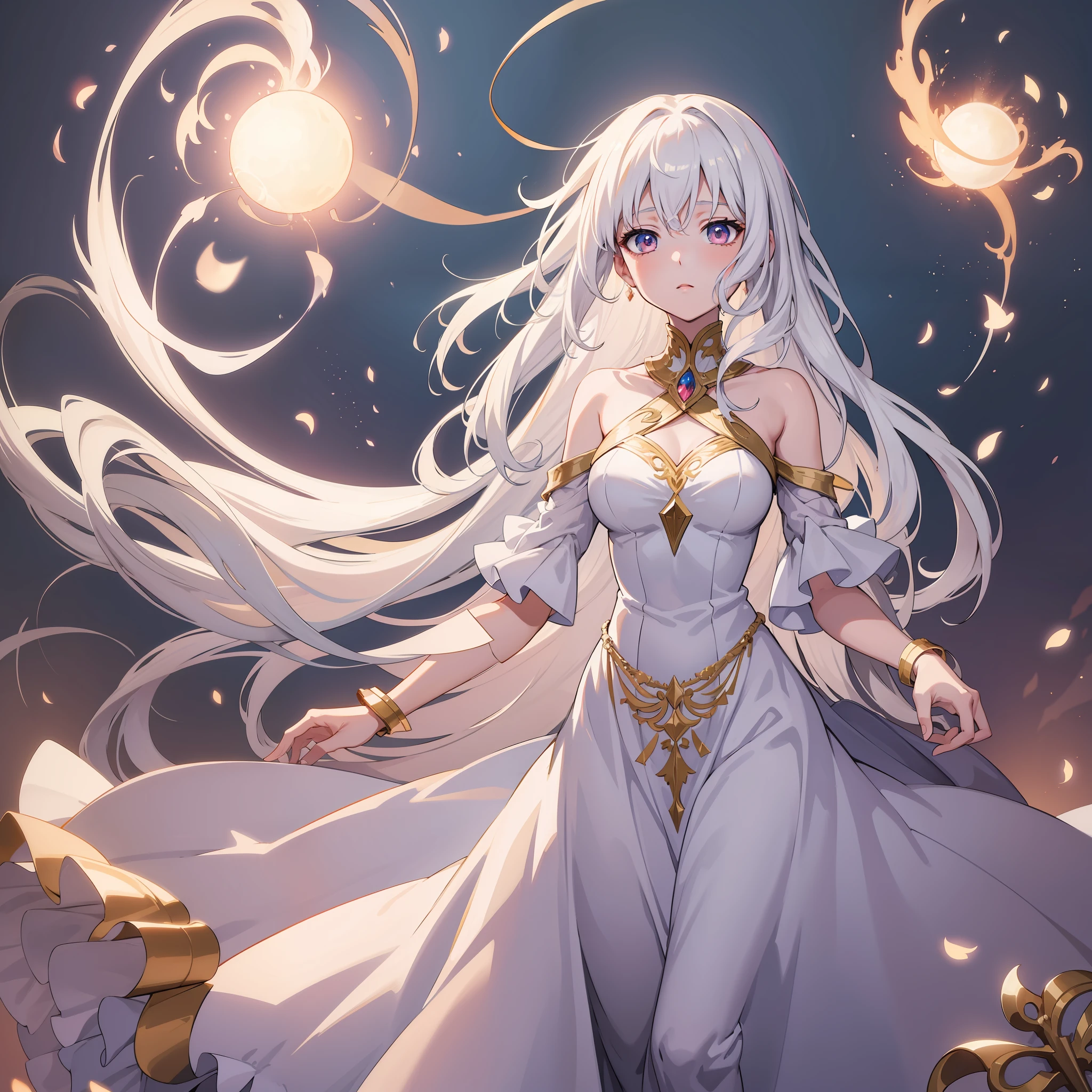 Illustrate an anime girl with flowing hair, adorned in an elegant gown, and surrounded by a soft glow of magic, white hair, full body shot