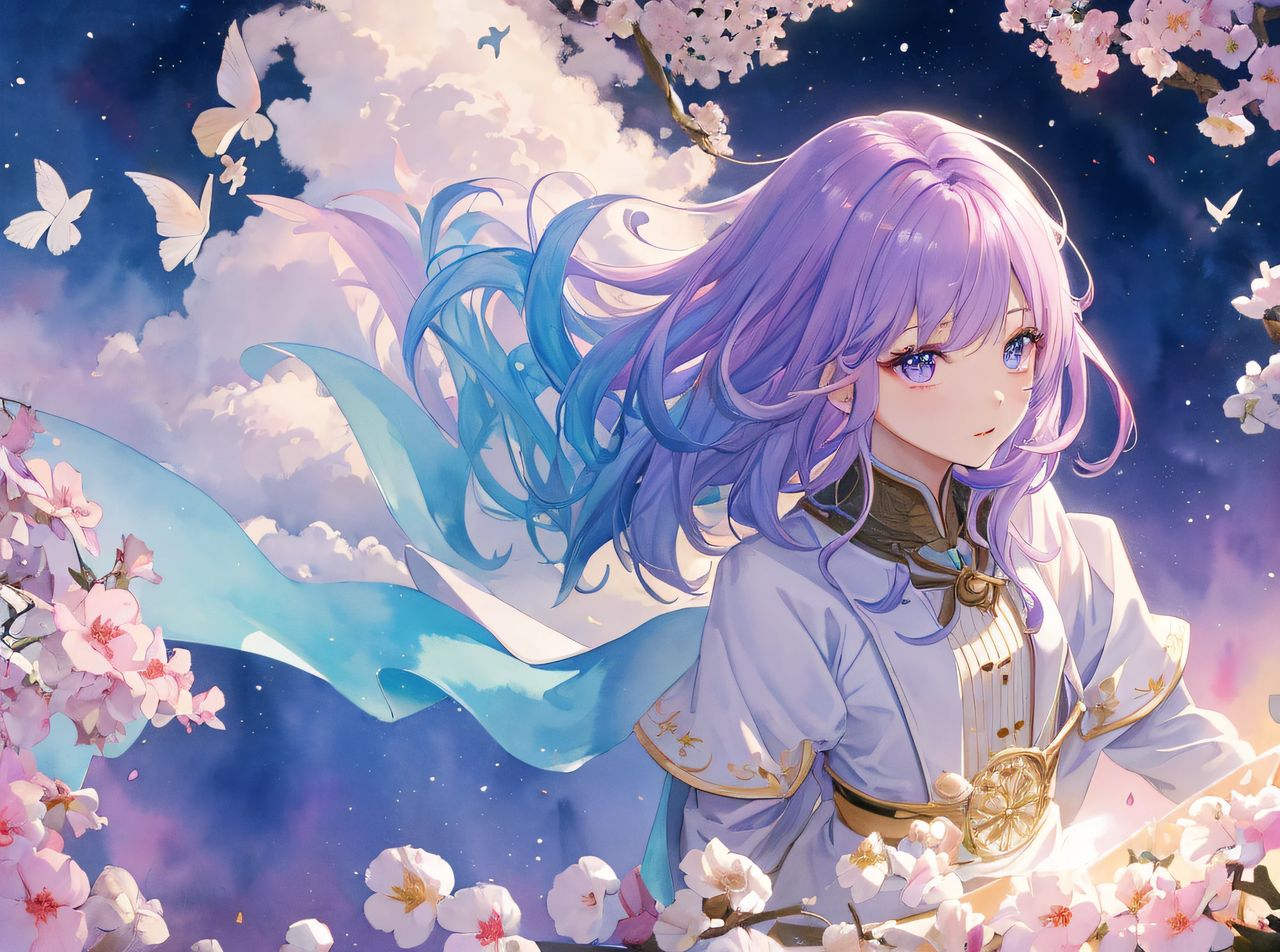 hyper detailed illustration ,superfine illustration, ((((​masterpiece)))), High quality, very_high_resolution, Large_filesize, fulcolor ,Very cute and beautiful girl,Very cute and beautiful anime face and eyes, Very delicate eyes,eye shadow,Female, 年轻,20 years old, Medium Hair, Solo, 1 girl, pale skin , Waist to head, multicolored hair、Purple and light blue hair、Cute Wizard Uniform、yawns、 small tits, (((arms behind back))), watercolor paiting、Beautiful background、Fantastic background、On the rooftop