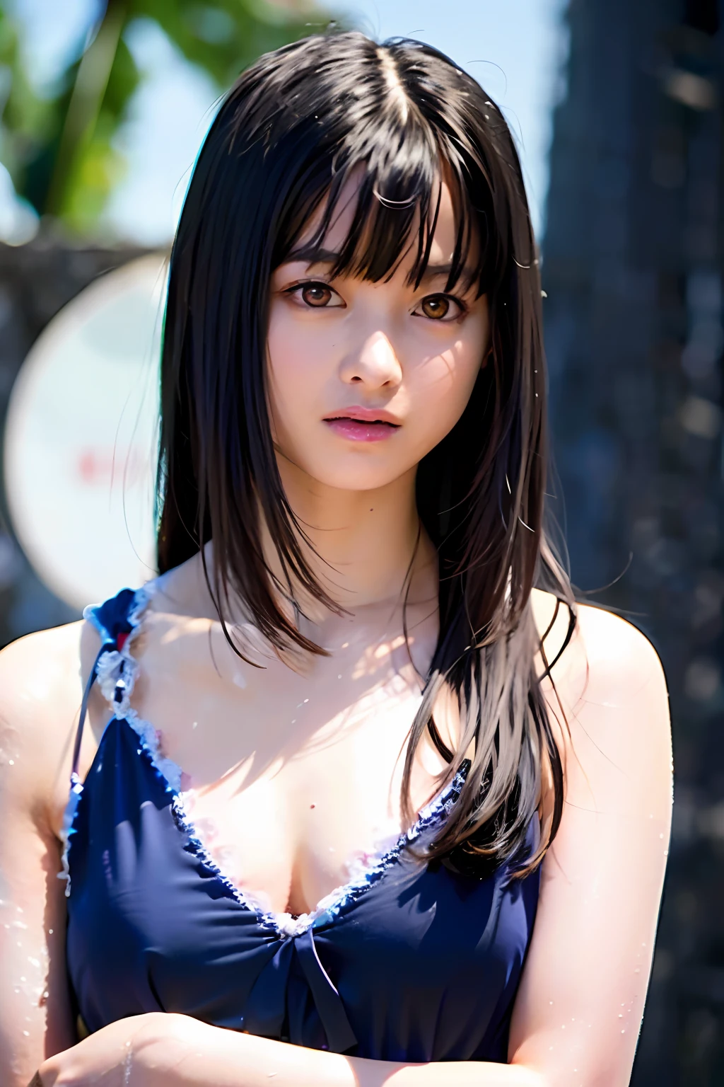 top-quality、masterpiece、超A high resolution、(Photorealsitic:1.4)、Raw photo、1人、Dark hair、glowy skin、Wet body、Dramatic Writing、full body Esbian、female dog、maikurobikini、爆乳、Idol、Smiling、Onepiece、From the clavicle up