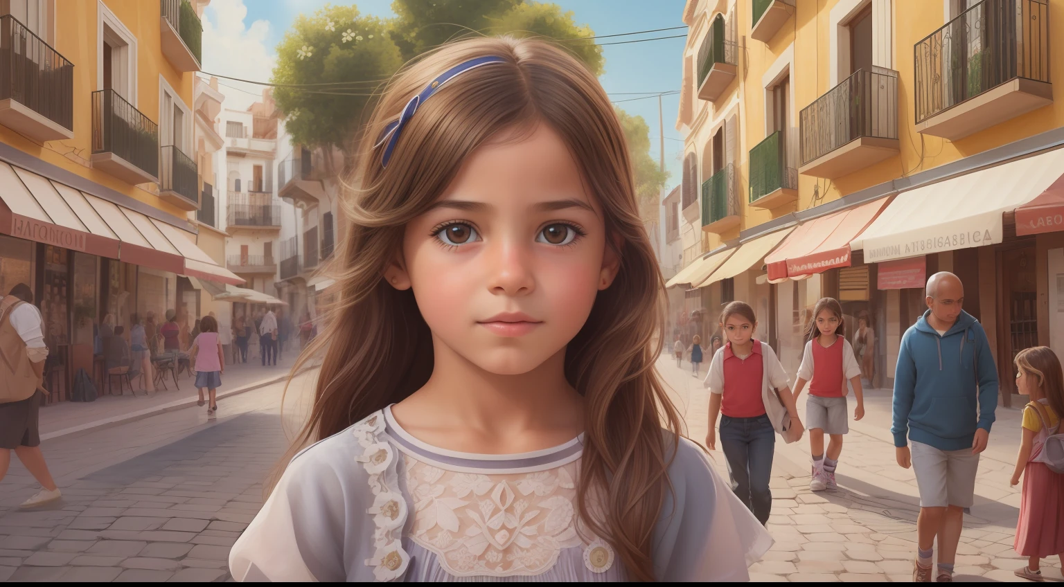"Generate a hyper-realistic image of a from Spain with authentic spanish features hair, skin colour, eyes, real, set against a realistic street background, showcasing the best quality and intricate details."