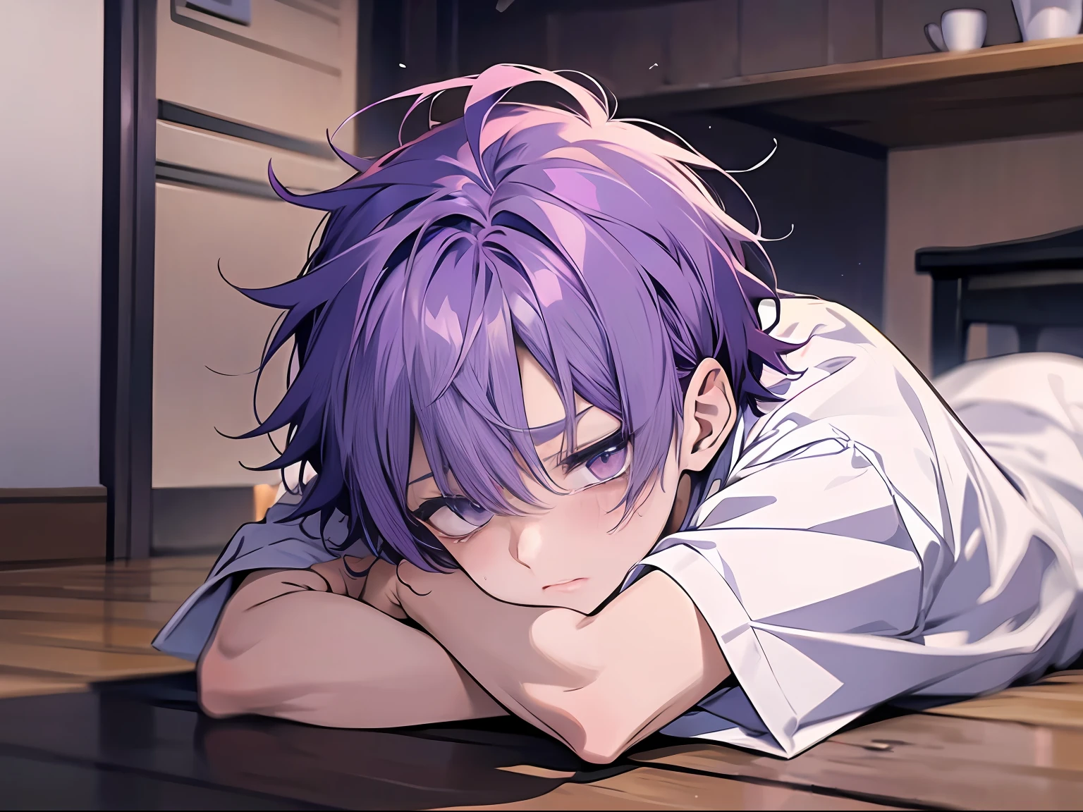 (anime styled+soft cute)male child、Purple hair、white shirt、saddened+weeping、