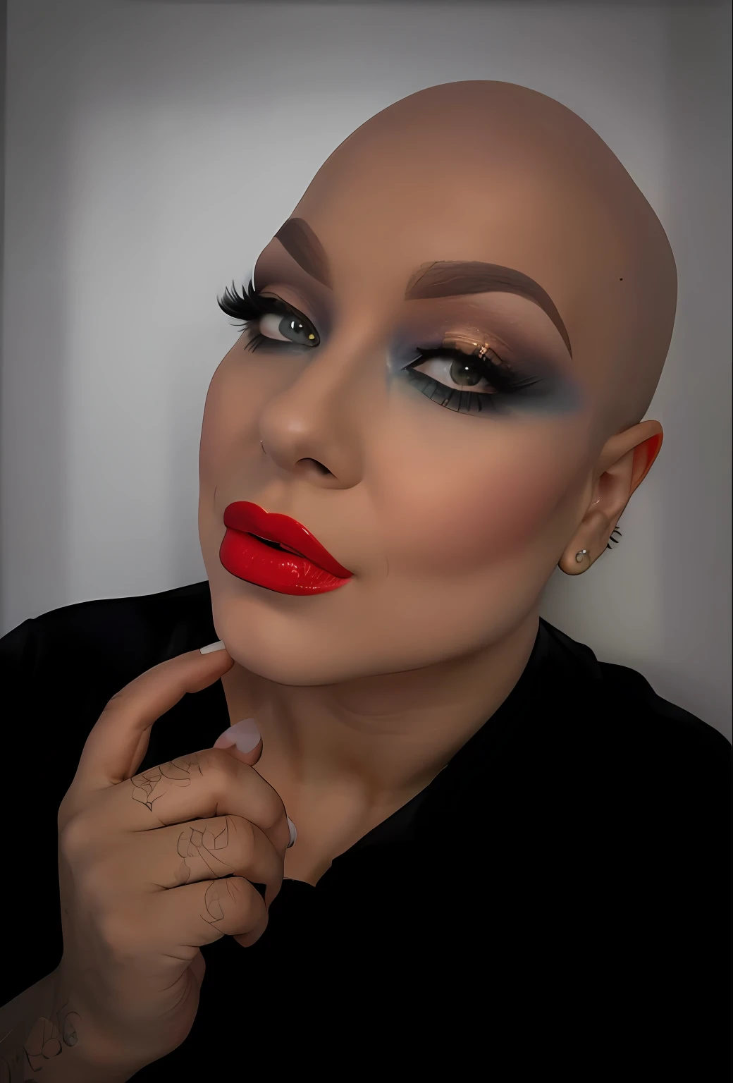 Woman with bald head and red lipstick posing for photo, maquiagem pesada, olhar orgulhoso, maquiagem pesada, arrastar, maquiagem grossa e extravagante, rosto sexy com maquiagem completa, Michael Angelo inspirado, inspirado em Randy Vargas, Drag Queen;, inspirado em Sebastian Vrancx, inspirado em Cosmo Alexander, inspirado em Carl Walter Liner, Fantastic details full face