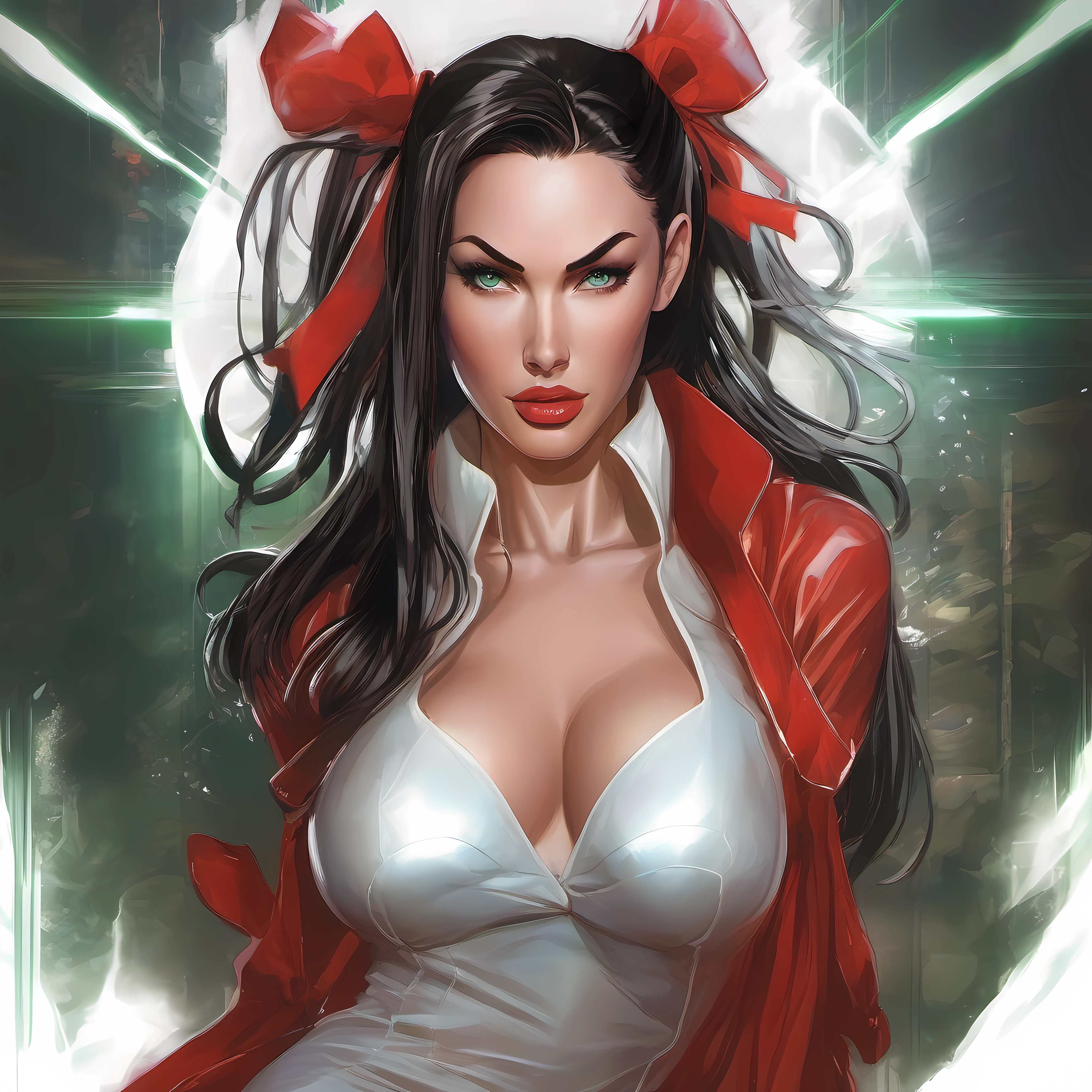 Full body art work of Megan Fox as a Cammy White in Marvel vs Capcom style, wearing a very translucent robe, soaking wet, hair in pig tails with red bows, turned on look on her face, touching her body