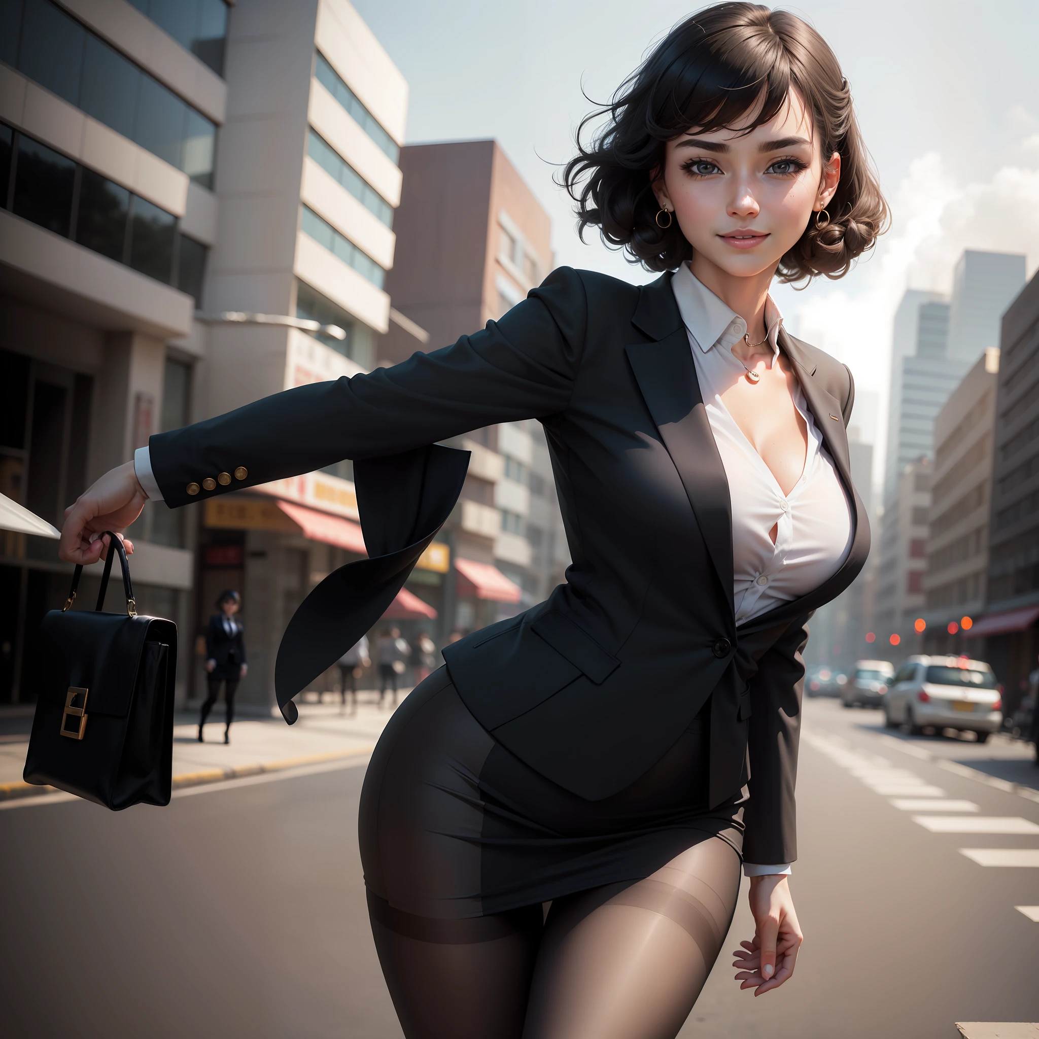 (8K, Best quality, Masterpiece:1.2), (Realistic, photo-realistic:1.37), Ultra-detailed, 1 girl, full bodyesbian, Outdoors, (Adjust hair:1.5) Office Lady, black officeblazer, officeskirt, (Pantyhose:1.2), (short buttoneddownshirt:1.2), buttonedupcollarprim, buttoneddowncollarprim, Bra, (Pantyhose:1.2), alphalayers, high-heels, Beautiful earrings, Cute, Solo, Beautiful detailed sky, (Smile:1.15), (Closed mouth), Small breasts, Beautiful detailed eyes, Business attire, (Short hair:1.2), Floating hair NovaFrogStyle,Melon seed face，tthin eyebrows，Chinese face，Brush your hair with one hand，One hand hangs down，White shirt，No chest leakage，Crotch shrinkage