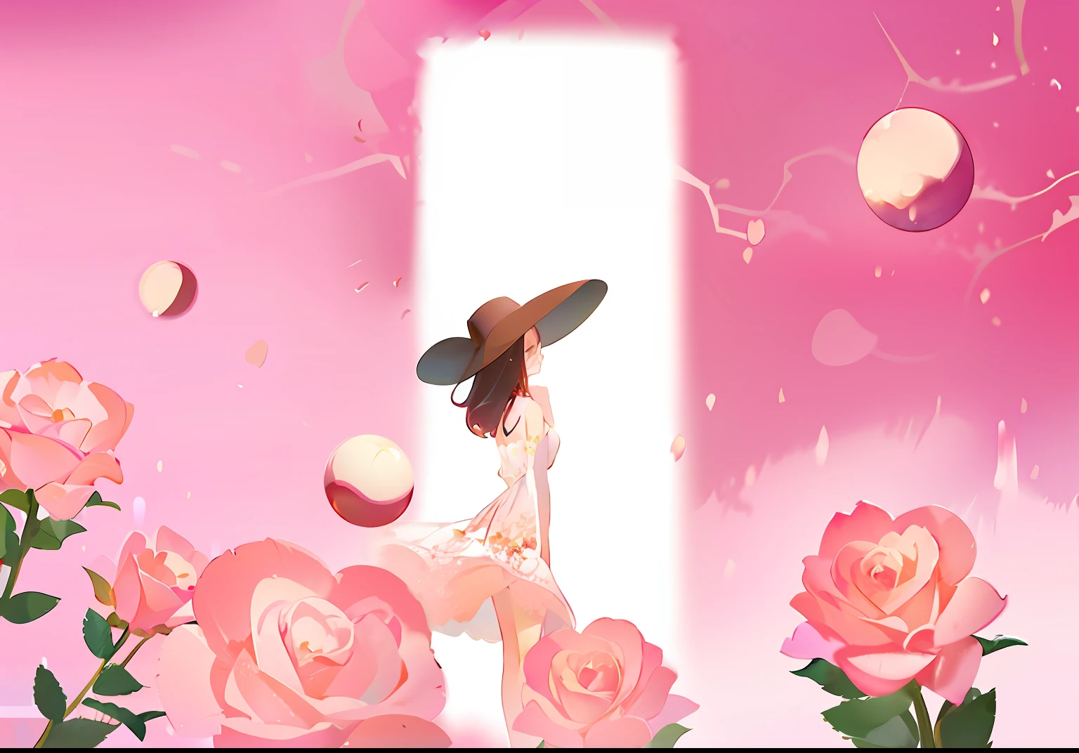 There was a woman standing in a rose field，The background is a cross, blurry and dreamy illustration, portal made of roses, Rose background, blurry and dreamy illustration, dreamlike illustration, exciting illustration, looking out at a pink ocean, fairy tale style background, Illustration 8 K, A beautiful artwork illustration, pink petals fly, floating in perfume, she is approaching heaven