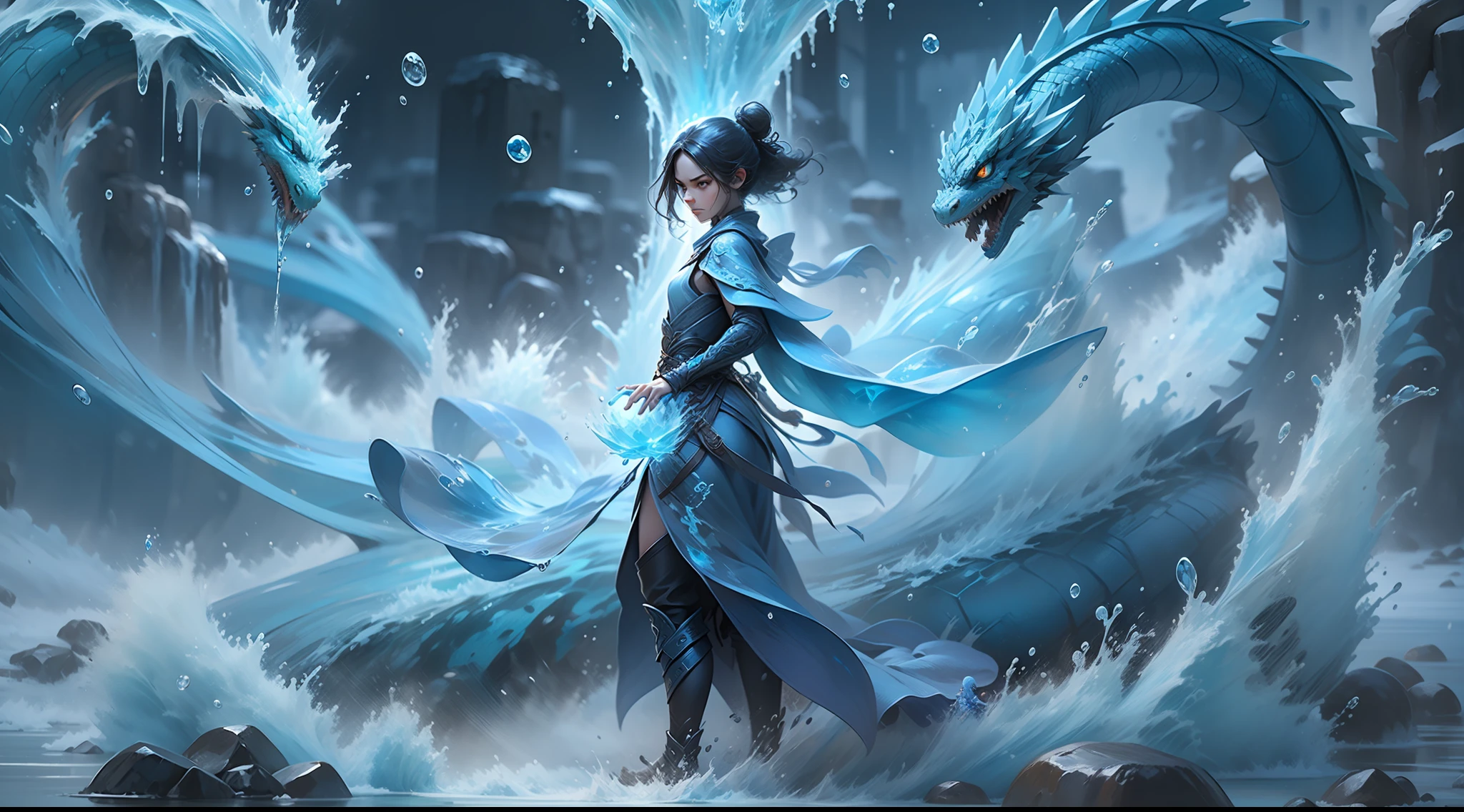 Q version *************** standing in front of a transparent blue water dragon，crystal-clear，Eau，water flowing，drippy，Combines the power of water and ice elements，Create powerful ice storms，Freeze surrounding enemies and deal extensive freeze damage。