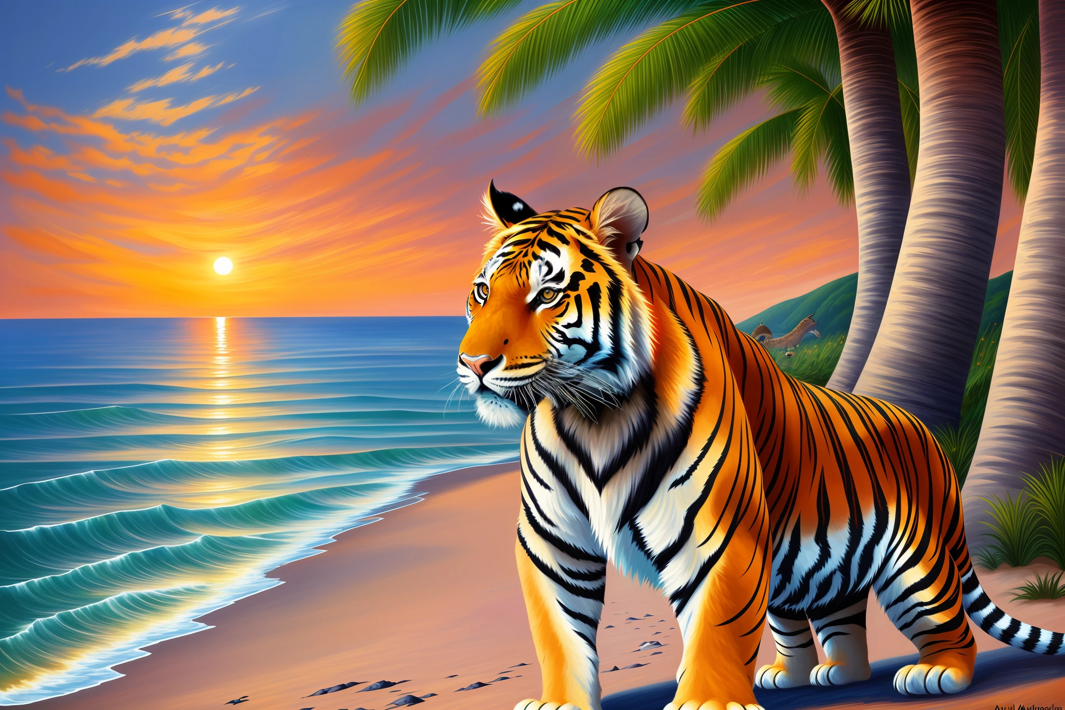 Vibrant and colorful impressionist digital artwork of a tiger with an ocean view. --auto --s2