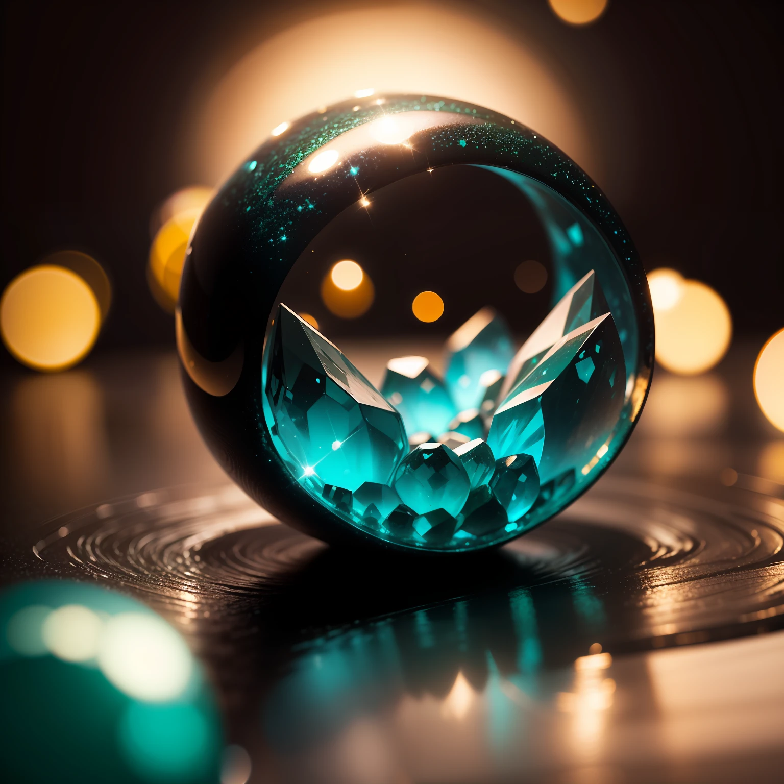 Paint a vivid picture of a dream-like landscape where shallow depth of field showcases the brilliance of jade bokeh and sparkling crystals."