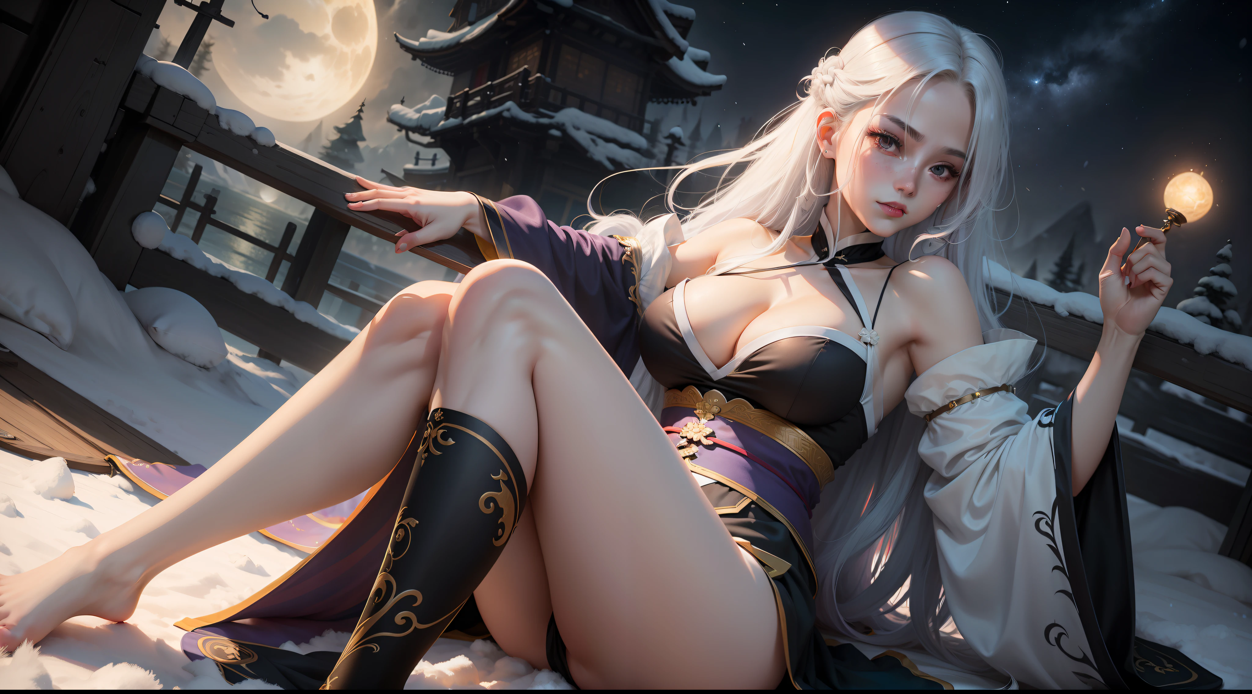 the night，Xianxia World，From below，over knee socks，rays of moonlight，Shine on the side of the girl's face，chase, play, play，22 year old，realisticlying，She wears a colorful Hanfu long dress，Wide sleeves，Off-the-shoulder attire，One shoulder，Expose the lateral breasts，huge tit，Exposed cleavage，Extra-long colorful hair，Color gradient for long hair(1.5)，Messy hair，Hair pressed under the body，Barefoot，realskin，realcumAI，Snow-white skin，Snow-white thighs，Top image quality，Extreme light and shadow，Black tights，Handsome pose