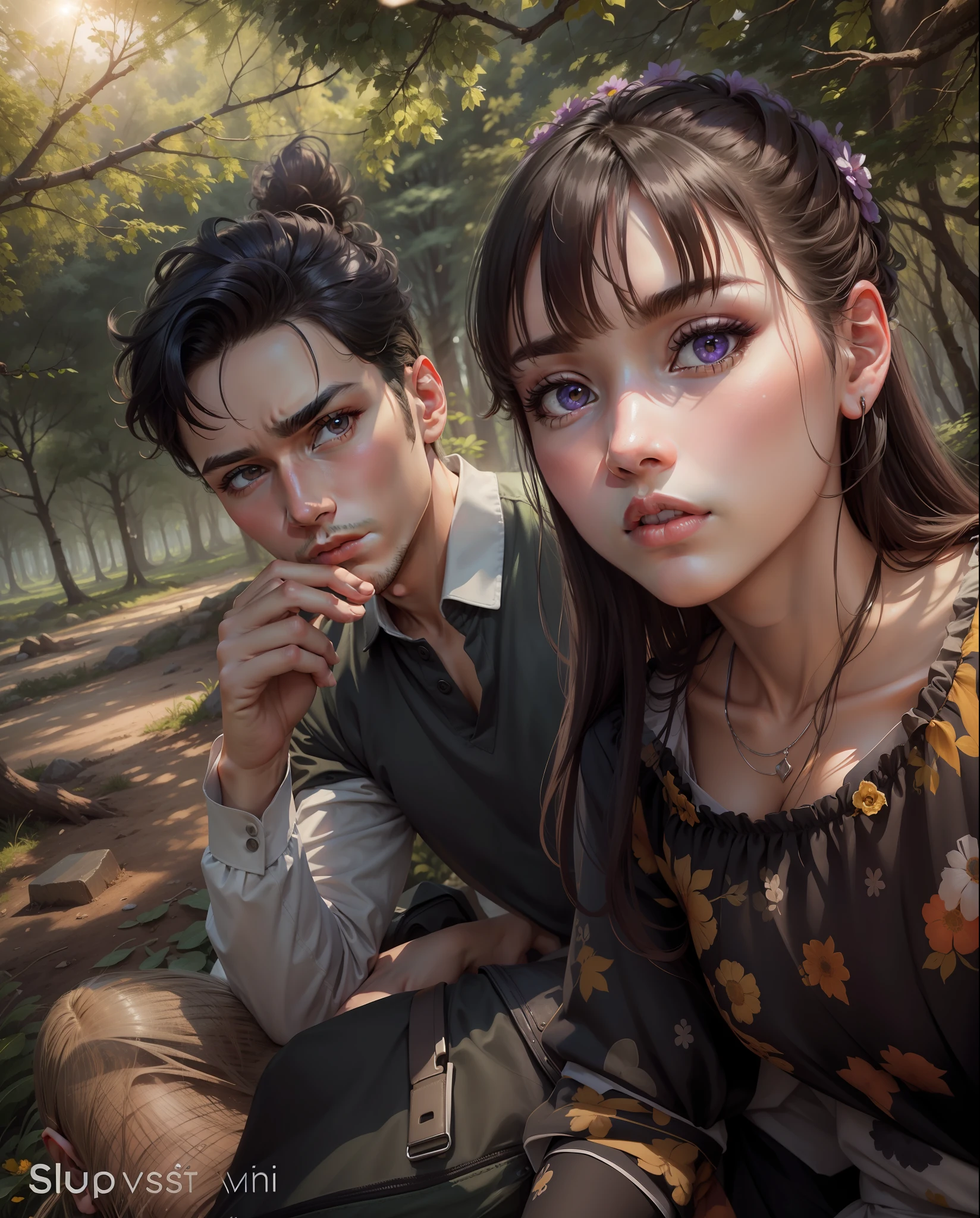 best quality, {best quality}, {{masterpiece}}, {highres}, {field field}, extremely detailed couple, illustration, couple, 1boy, 1girl, couple, love, love, romantic, sharp focus, male focus, female focus, black hair, violet eyes, sun, sunlight, lifting, t-shirts, men's clothes, expressionless, women's fashion, forest, flowers, statement