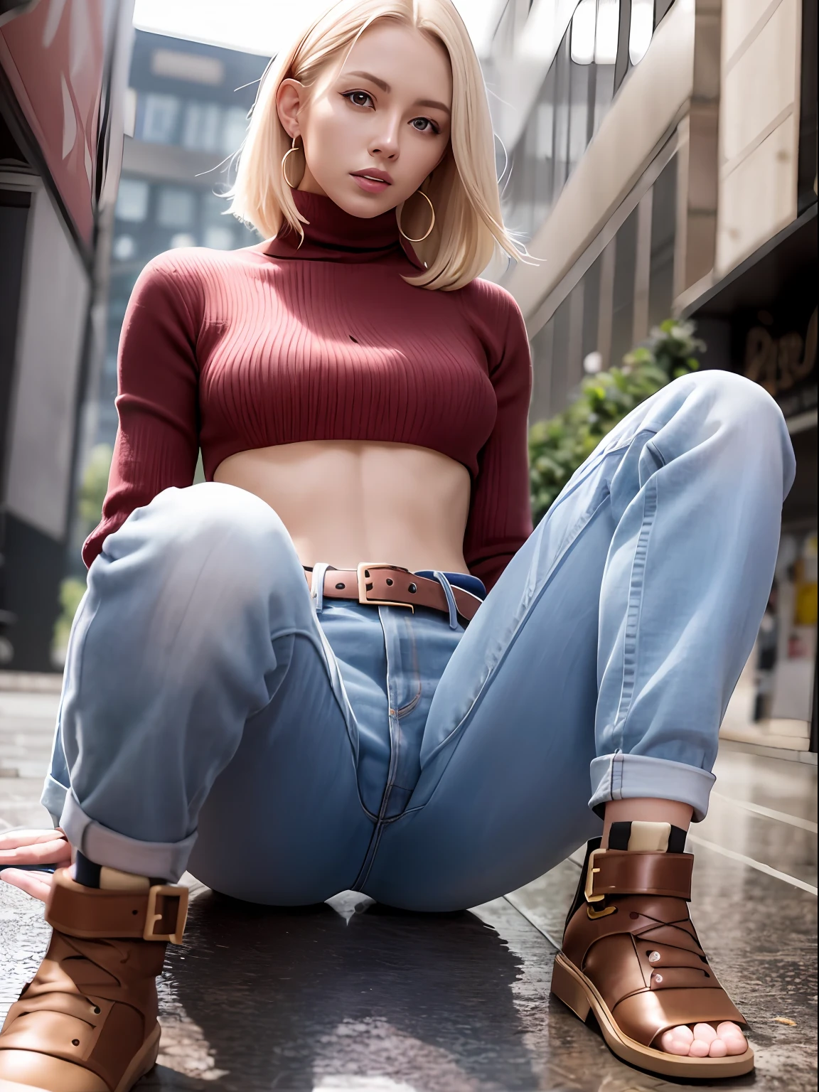 maryms, Best Quality, (beauty), 1girl, phisically-based render ,ultra highres, narrow waist, skinny, turtleneck, red, (red turtleneck:1.2), baggy pants, taut clothes, jacket, muscular, cut abs, blue eyes, long legs, jeans, leather belt, small breasts, puffy eyes, leather belt, (rainy city), shiny skin, sit on the floor, spread legs, detailed face, detailed eyes, european youth