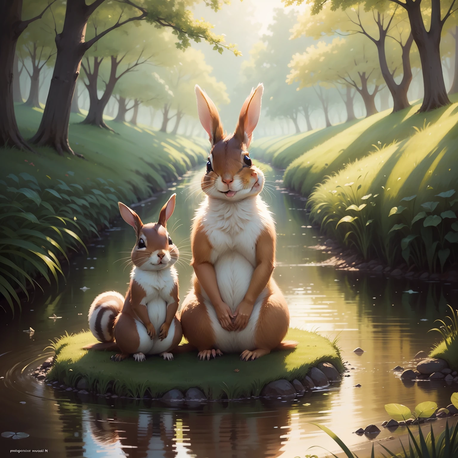 A squirrel and a rabbit looking across a creek with smiling expressions Soft picture book style illustration