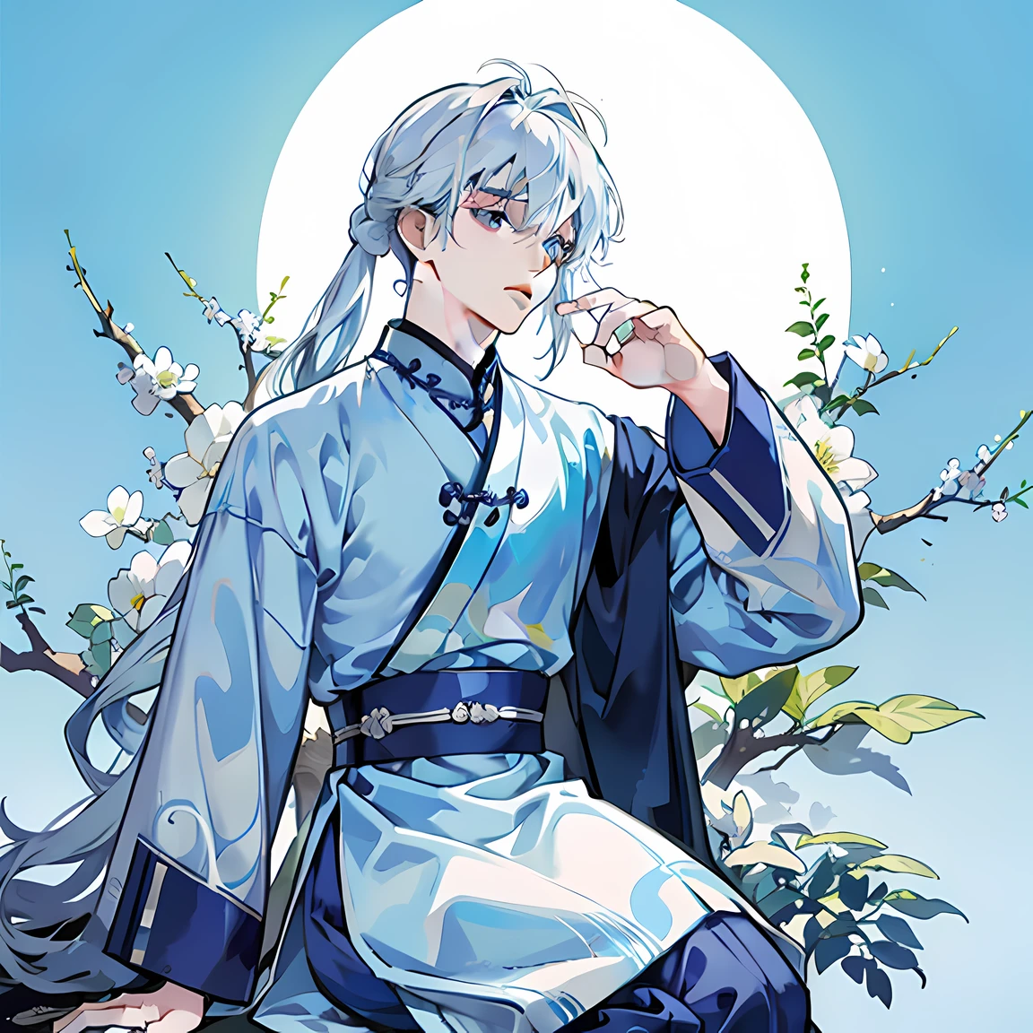 Draw a male head,The clothes are mainly blue and white,The clothes are Hanfu,The posture is to the left side,long white hair,The age is youth,Cold,solo person,Biased to 2D style