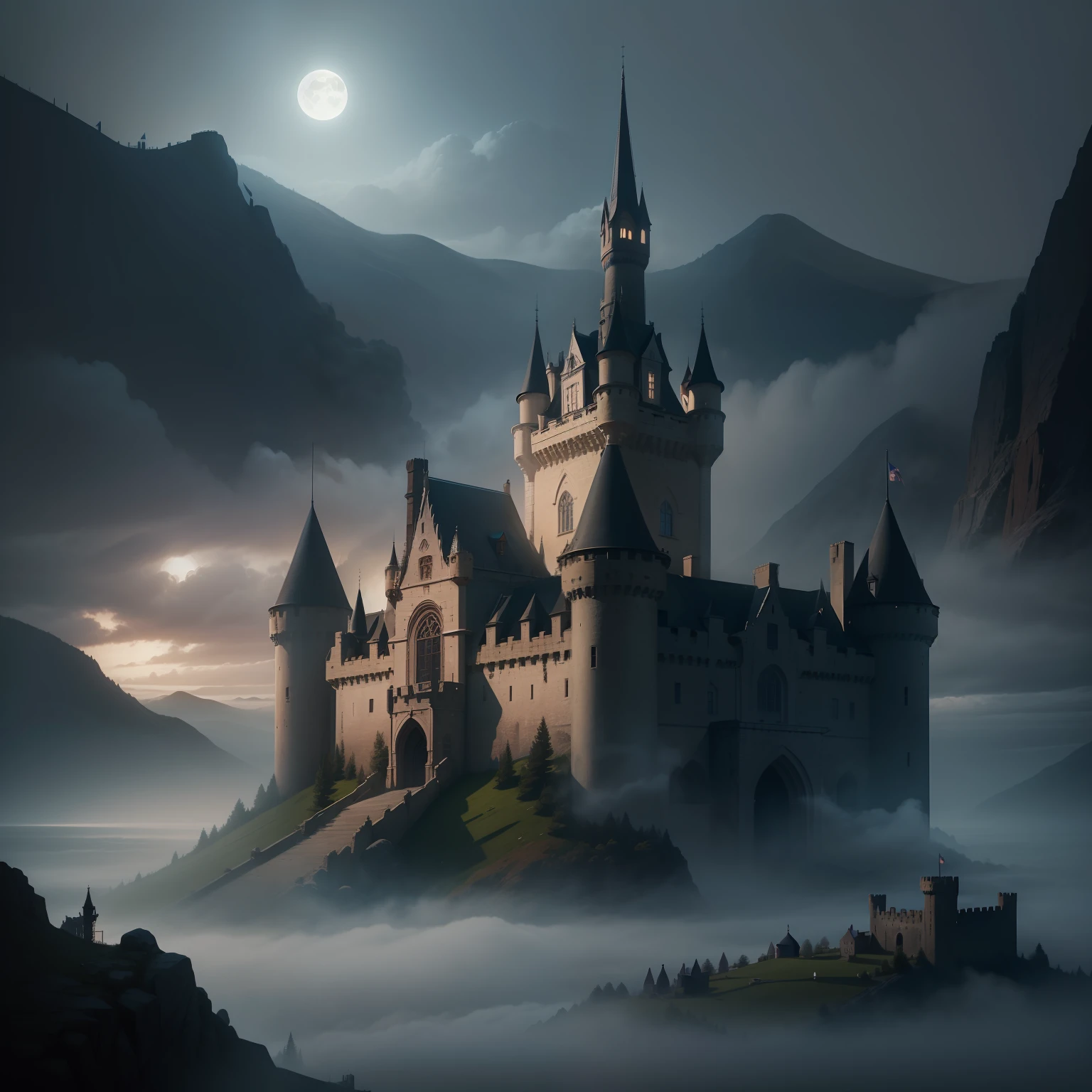 subject: Mysterious castle in the fog

Assignment description: Create an artistic image of the castle, surrounded by thick fog, to convey an atmosphere of mystery and mystery. The lock should be depicted in the style of graphics using pencils, charcoal or carcasses.

Image Requirements:

The lock should be the central object, occupying most of the canvas.
The image should convey a variety of textures and details of the castle: Stone walls, towers, Window, gates, etc..D.
The fog should surround the castle and be depicted using graphic elements, to create an atmosphere of mystery.
Shades and chiaroscuro should be well designed, to give the image volume and depth.
You can add some fantastic elements, such as the moon in the sky or magical lights, To enhance the mystery of the scene.