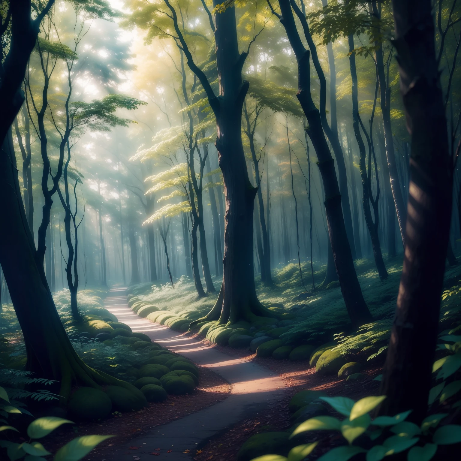 Explore the Enchanted Forest: Describe an ethereal scene with crystal-studded trees, sparkling leaves, and vibrant bokeh in the background."