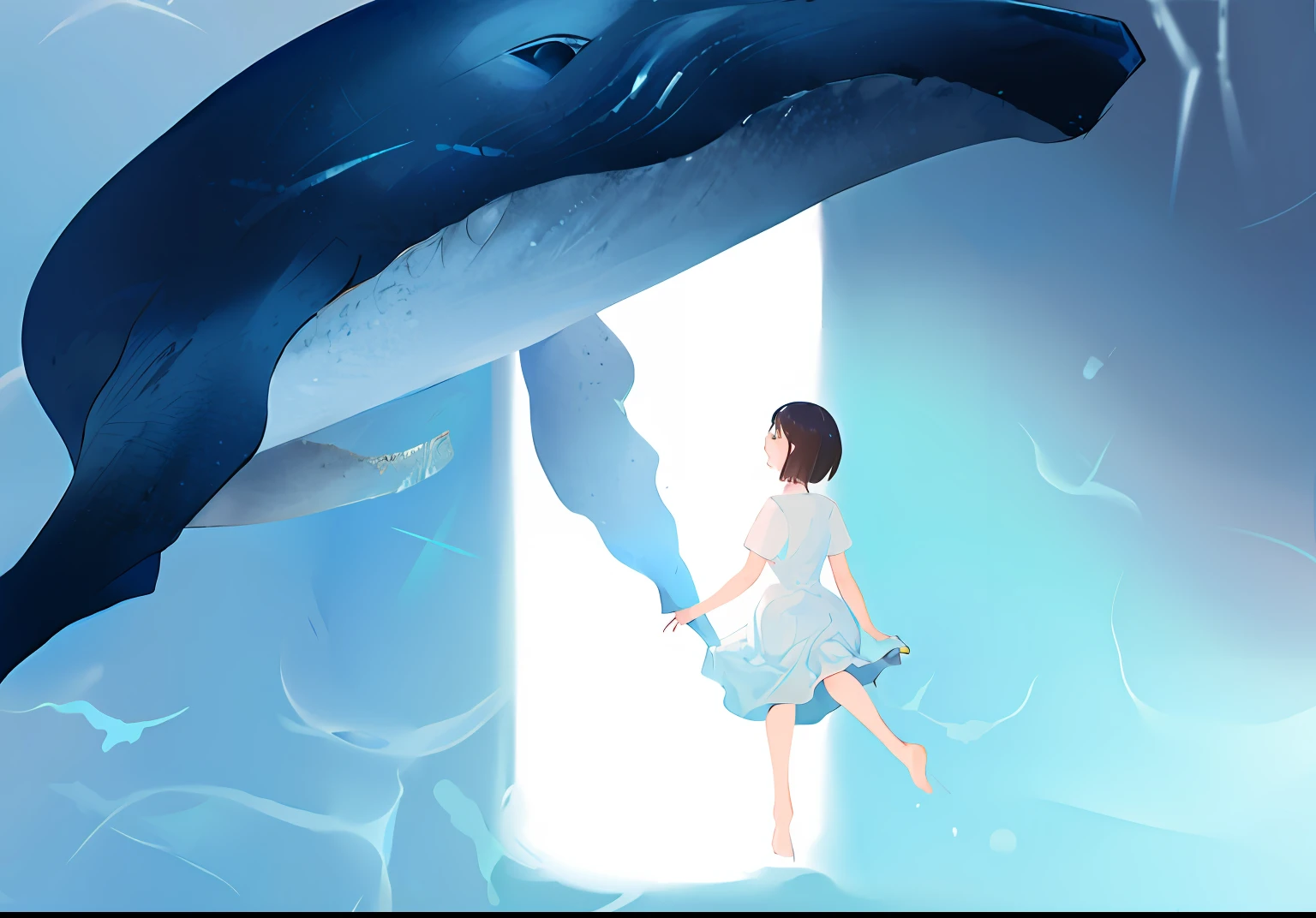 There was a woman sitting on a whale, whale fall, flying whale, whale, they are chasing a whale, dreamlike illustration, 2. 5 d illus, flying whale, whales, blue whale, whale monsters, sky whales, blurry and dreamy illustration, In the ocean, Under the ocean, glimmering whale, subreddit / r / whale
