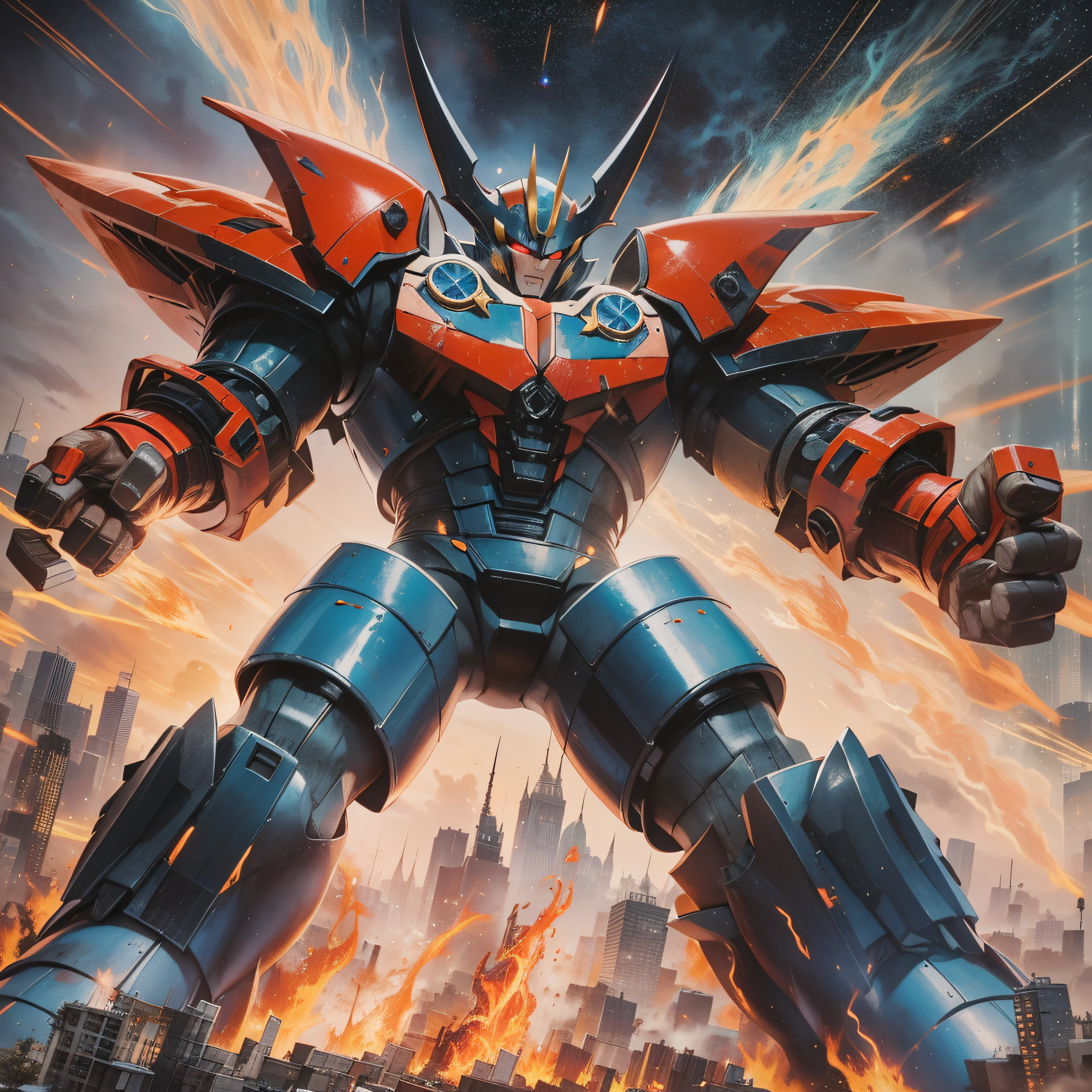 An incredible color aerial view daguerrotype of realistic looking Mazinger Z. a towering giant robot, standing at 20 meters tall. It boasts a powerful and robust frame, adorned with vibrant red and blue colors. Its head features a horn-like crest and glowing eyes. With rocket-powered fists and energy-based laser cannons, it's a formidable force. Dynamic visual effects, like flames and sparks, highlight its immense power. It represents strength, courage, and unwavering determination in the face of adversity. He is fighting against a Kaiju, a horrid intergalactic outer space foul ogre in the middle of Tokio, Japan, in 1973. You can see the perfect details in his body made of a rare metal alloy. Encaustic